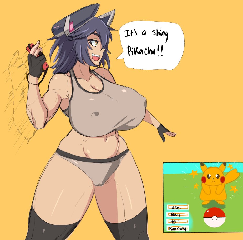 1girls belly_button big_breasts blush breasts duo_kawa english english_commentary english_text female female_only fingerless_gloves gloves happy huge_ass kantai_collection large_breasts legs nintendo open_mouth oppai pikachu playing_videogame pokémon_(species) pokemon purple_hair simple_background solo solo_female solo_focus stomach teeth tenryuu_(kantai_collection) text thick_thighs thighs tomboy tummy video_games yellow_background yellow_eyes