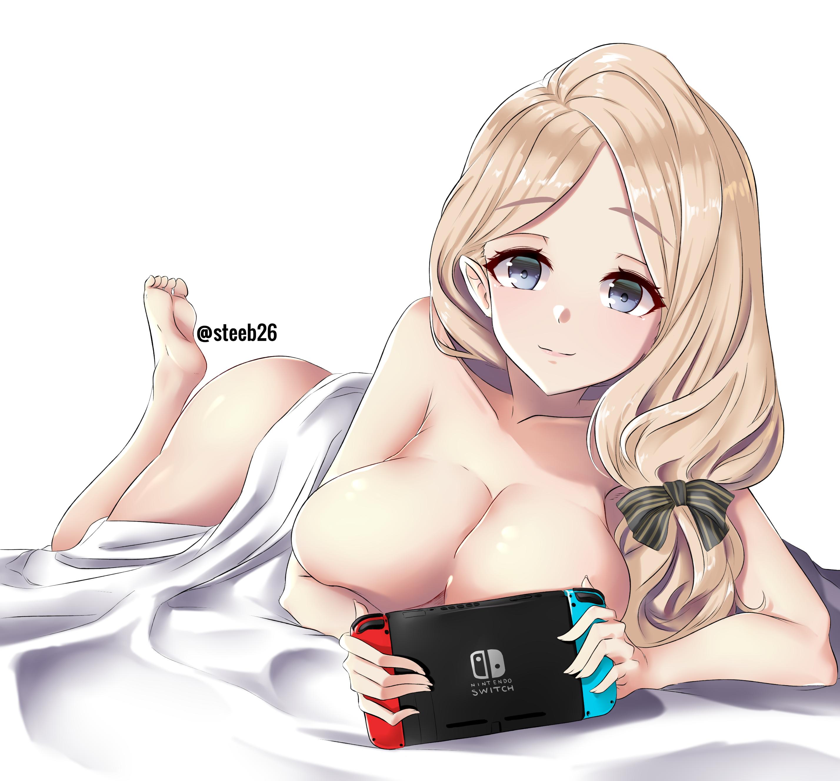 1girls, absurdres, ass, big breasts, blanket, blonde female, blonde hair, breasts, controller, covering, female, female only, fire emblem, fire emblem: three houses, game controller, grey eyes, highres, holding, holding controller, holding game controller, large breasts, long hair, looking at viewer, mercedes von martritz, nintendo, nintendo switch, nude, platinum blonde hair, side ponytail, solo, steeb