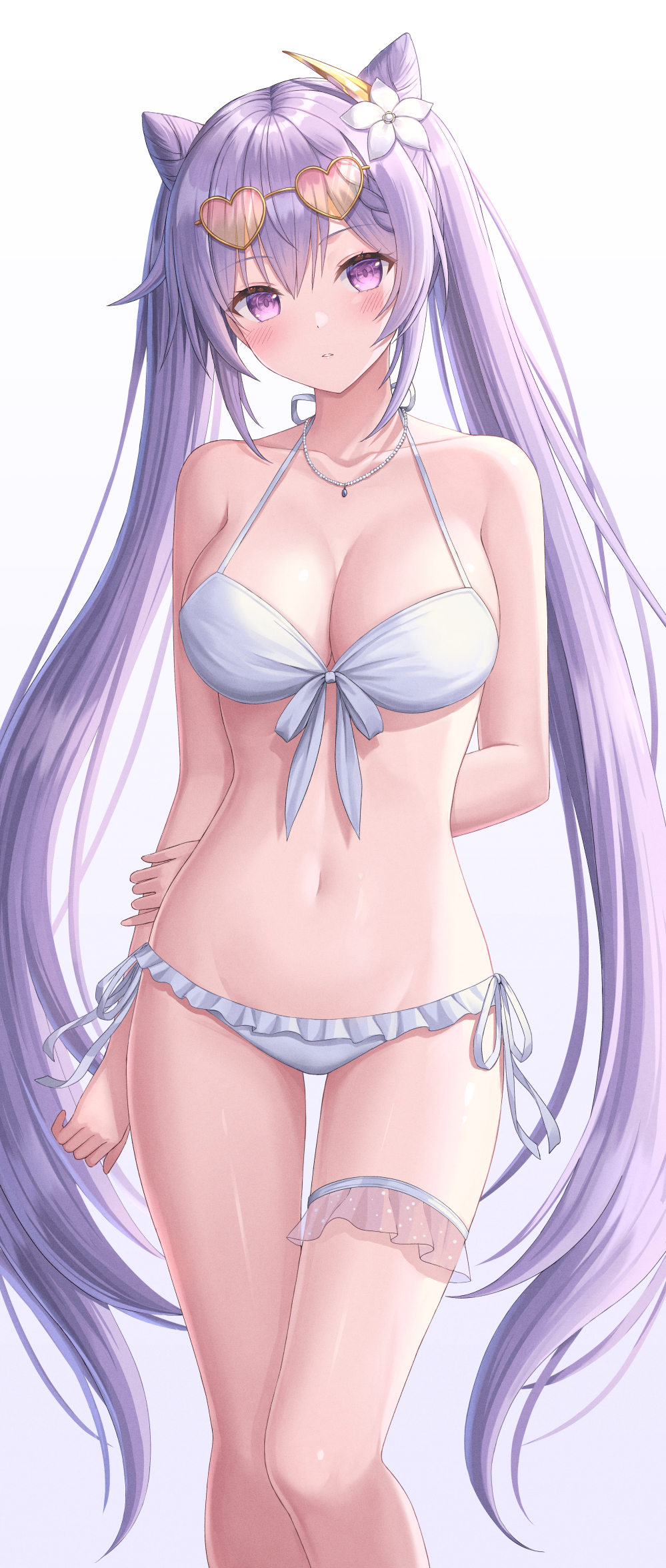 1girls, bare arms, bare legs, bare shoulders, bikini, blush, breasts, cleavage, double bun, eyewear, eyewear on head, female, flower, flower in hair, genshin impact, hair bun, hair ornament, highres, huge breasts, keqing (genshin impact), long hair, looking at viewer, necklace, purple eyes, purple hair, seungju lee, simple background, solo, standing, swimsuit, thigh gap, white background