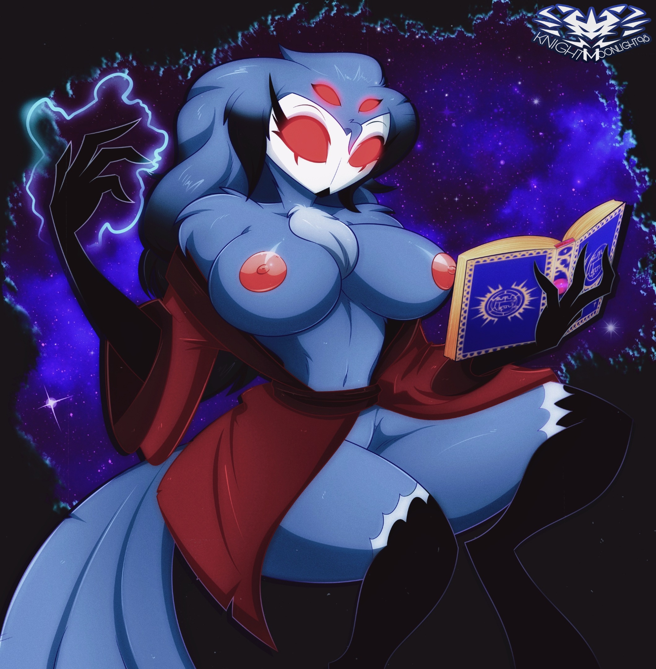 2022, anthro, areola, avian, big breasts, bird, book, breasts, demon, digital media (artwork), eyebrows, eyelashes, female, female stolas, helluva boss, hi res, holding book, holding object, knightmoonlight98, magic, magic user, nipples, owl, owl demon, rule 63, solo, spellbook, stolas (helluva boss)