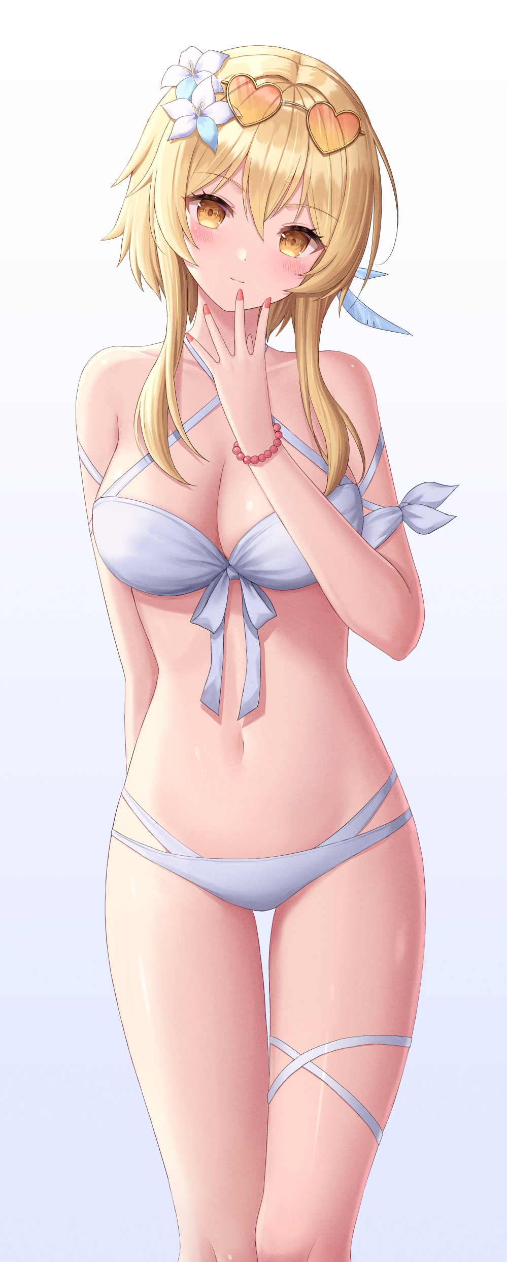 1girls, arms behind back, bare shoulders, bikini, blonde hair, blush, bracelet, breasts, cleavage, eyewear, eyewear on head, female, flower, flower in hair, genshin impact, highres, huge breasts, jewelry, looking at viewer, lumine (genshin impact), navel, seungju lee, short hair, simple background, solo, standing, swimsuit, thighs, white background, yellow eyes