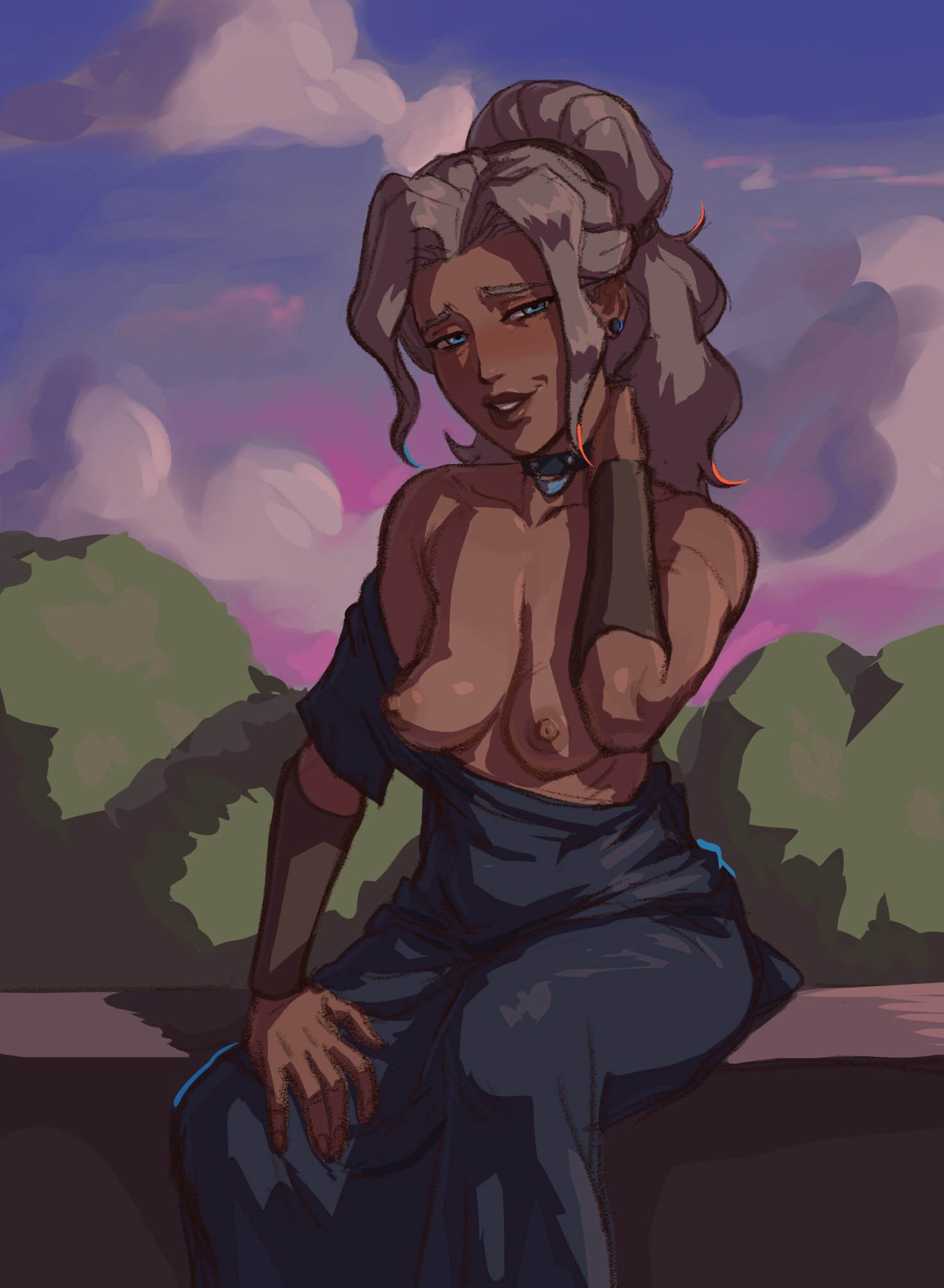 1girls, avatar legends, avatar the last airbender, breasts, clothing, dark skin, dark-skinned female, dress, dress down, exposed breasts, female, female focus, female only, gilf, grey hair, kya (tlok), mature female, medium breasts, nickelodeon, pears (artist), smooth skin, source request, the legend of korra, topless female, water tribe