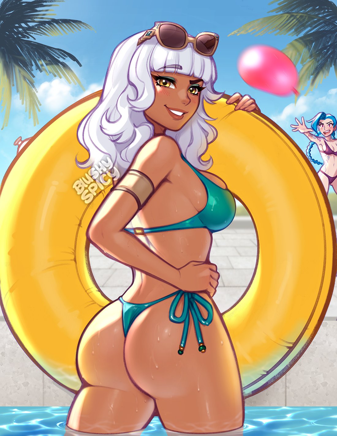 2girls ass bikini blushypixy blushyspicy boobs bra breasts female jinx_(league_of_legends) league_of_legends legs looking_at_viewer multiple_girls panties pool_party_series qiyana_yunalai riot_games sideboob smirk swimsuit thighs
