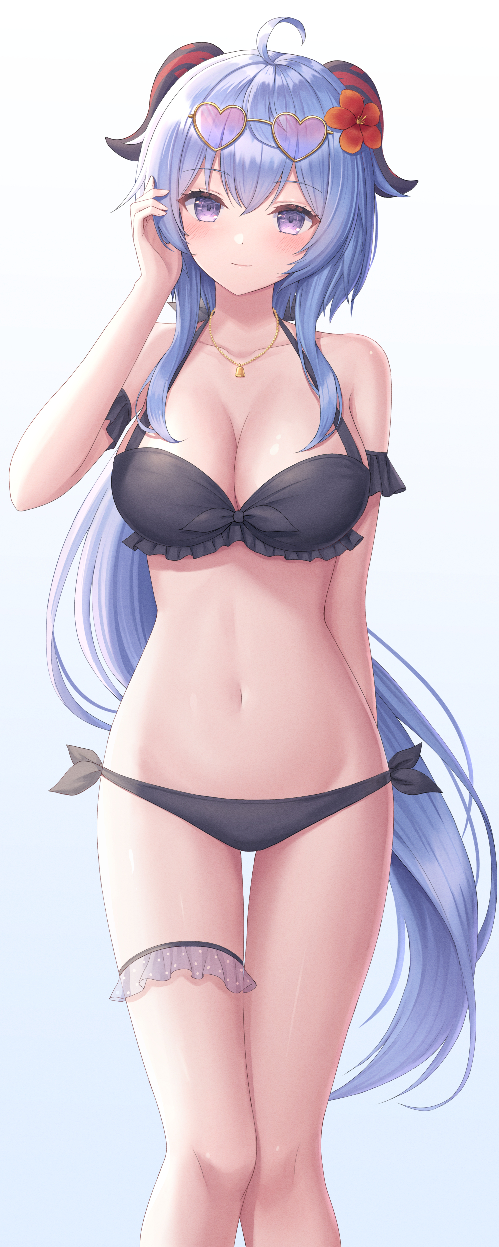 1girls, ahoge, bare arms, bare shoulders, bikini, blue hair, blush, breasts, cleavage, eyewear, eyewear on head, female, flower, flower in hair, ganyu (genshin impact), genshin impact, goat horns, hair ornament, highres, horn, huge breasts, long hair, navel, necklace, ponytail, purple eyes, seungju lee, simple background, solo, standing, swimsuit, thighs, white background