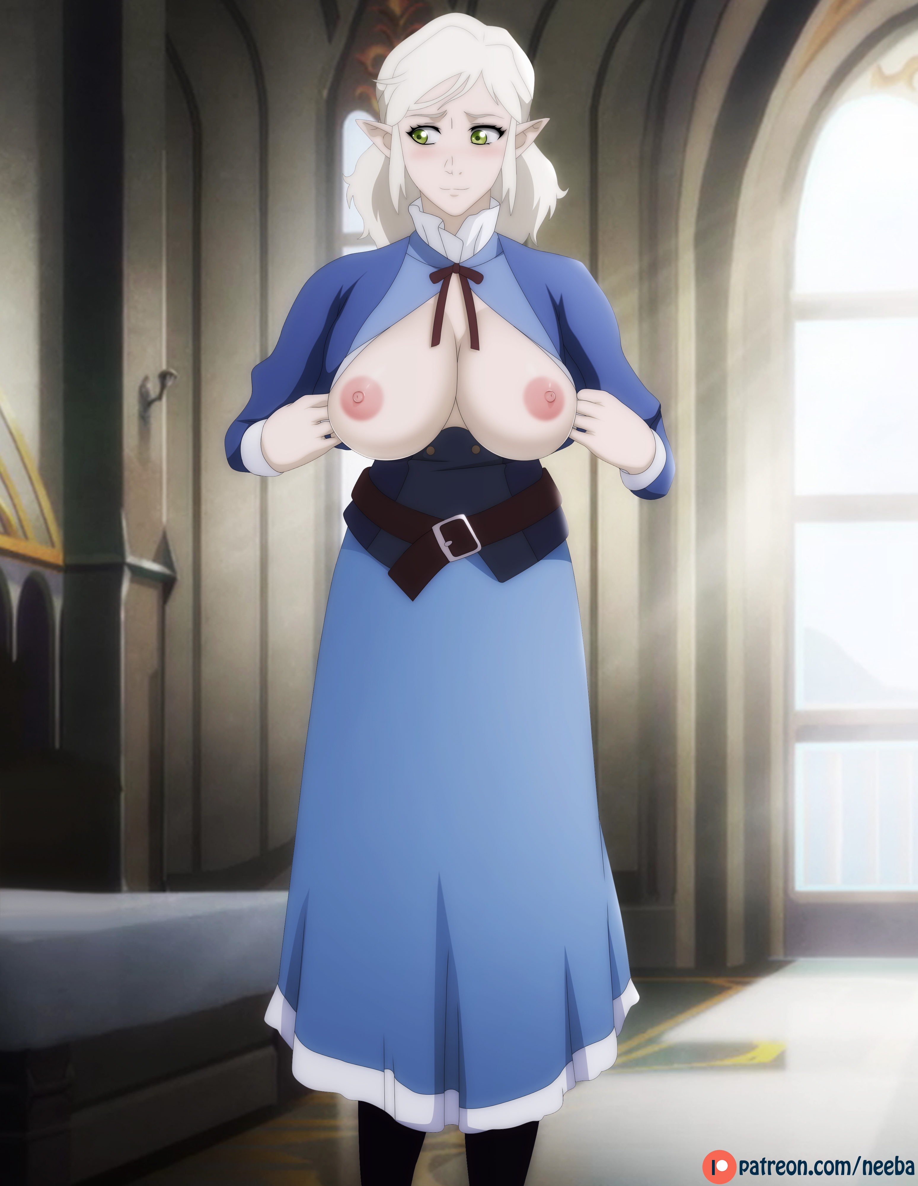 1girls, big breasts, breasts, breasts out, clothing, dota, dota 2, dota: dragon's blood, elf, elf ears, female, filomena (dota), green eyes, indoors, looking to the side, neeba, pale blonde hair, pointy ears, solo