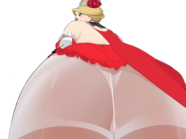 big_ass big_butt blonde_hair bo_wei cape dress earrings empress_leda_(heelfall) flower_on_head game_cg gem gem_on_forehead gloves heelfall long_gloves milf neckwear queen tiara