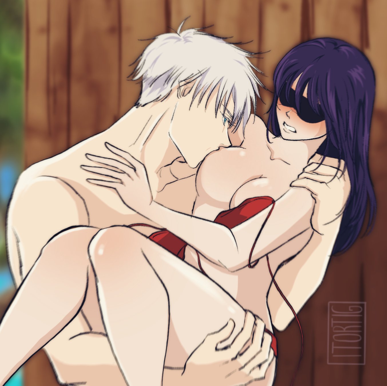 1boy 1girls artist_name beach bikini bikini_top_undone black_hair blindfold blush breast_sucking breasts breasts_out bridal_carry carrying exposed_breasts full_breasts human itorig jujutsu_kaisen long_hair outdoors palm_tree passionate pleasure_face princess_carry round_breasts sand satoru_gojo scar_on_face short_hair straight swimming_trunks tree undone_bikini utahime_iori white_hair