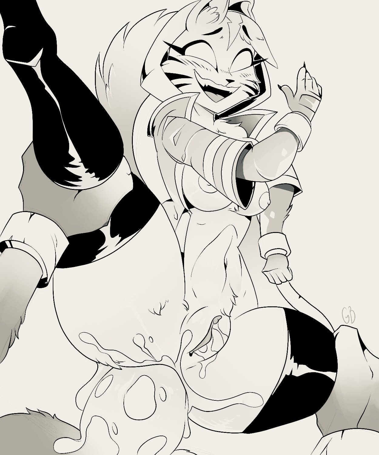 1boy, 1girls, anthro, ass, black and white, catalyst (fortnite), cum, cum in ass, cum inside, epic games, female, fortnite, fur, furry, furry ears, furry tail, grabbing, happy sex, male, unknown artist