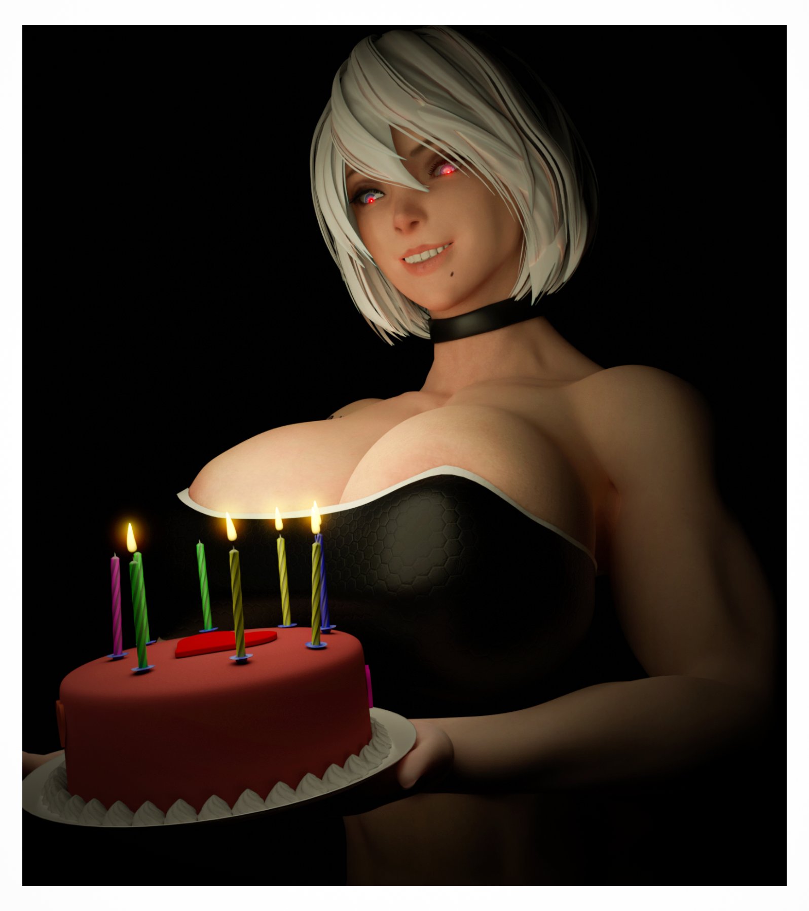 1girls, 3d, alternate body type, alternate breast size, big breasts, birthday, birthday cake, black background, boobs, breasts, busty, cake, curvaceous, curvy, curvy body, curvy female, curvy figure, female, female focus, female only, huge breasts, large breasts, light skin, light-skinned female, logic virus, nier, nier: automata, red eyes, short hair, solo, solo female, unnero1, voluptuous, white hair, yorha 2b