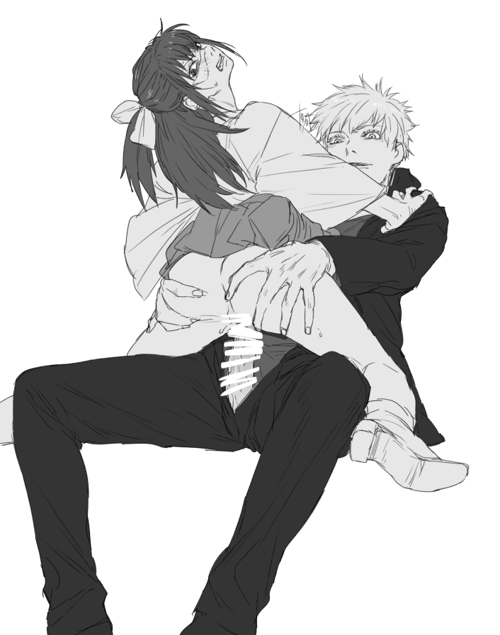 1boy, 1girls, black hair, blush, censor bar, censored, clothed sex, cowgirl position, female, female on top, hand on waist, jujutsu kaisen, long hair, male, male/female, nude, satoru gojo, sex, sucking nipples, utahime iori