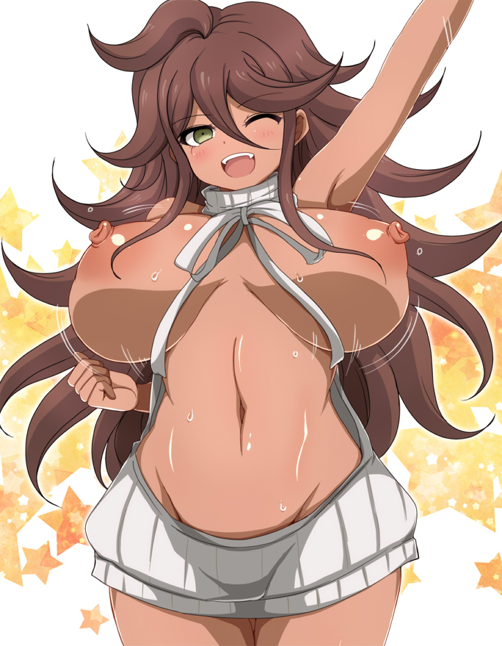afuro, alternate version available, bouncing breasts, breasts, danganronpa, danganronpa 2: goodbye despair, exposed breasts, female, large breasts, owari akane, reverse virgin killer sweater, straight hair, super danganronpa 2, tanned, tanned female, tanned skin, virgin killer sweater
