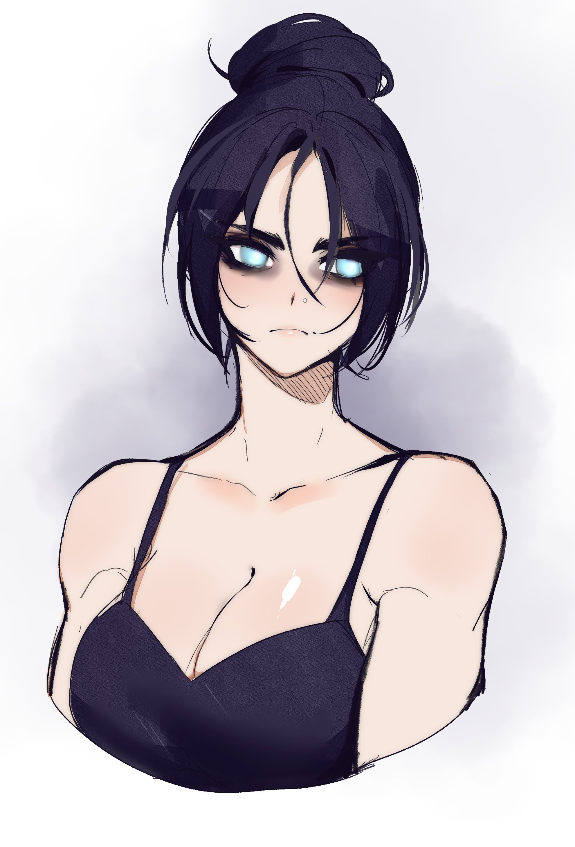 2d, apex legends, big breasts, black hair, bladechan28, blue eyes, blush, breasts, dark hair, exposed shoulders, female, large breasts, light blue eyes, messy hair, shoulders, tied hair, wraith (apex legends)