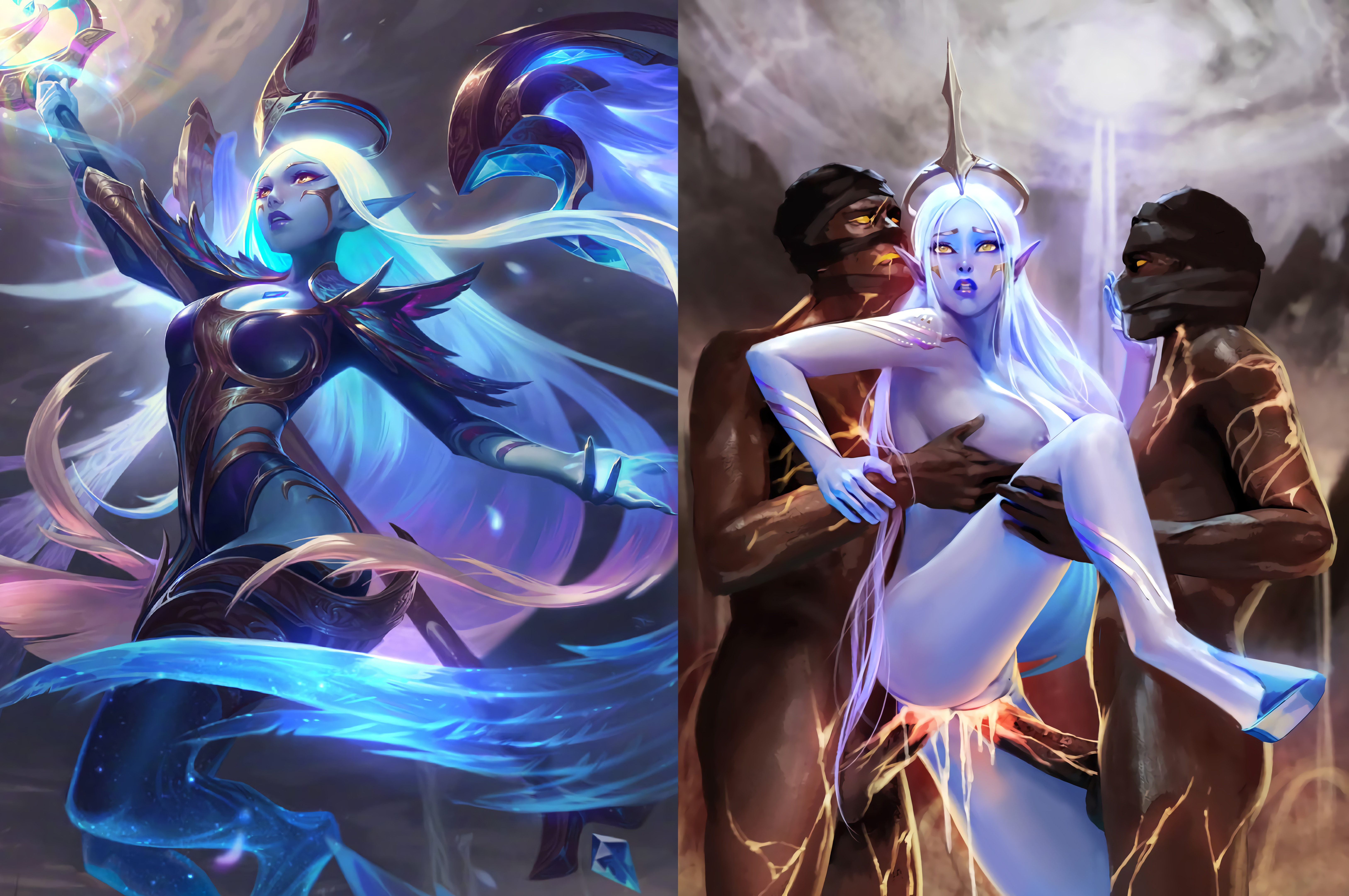 1girls, 2boys, ass, blue skin, chaos and order series, cum, cum in ass, cum in pussy, dark skin, dark-skinned male, dawnbringer soraka, female, gangbang, grabbing legs, league of legends, male, pussy, rape, soraka