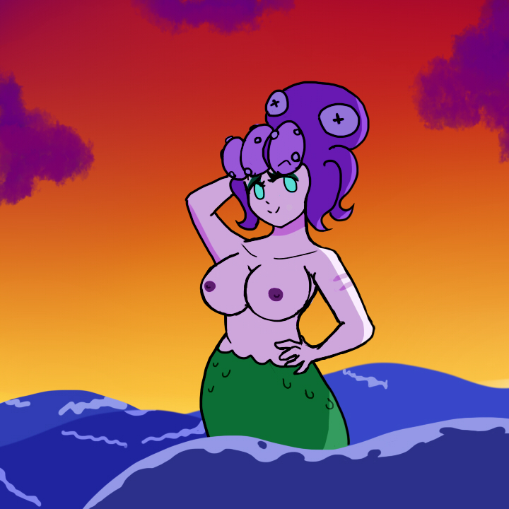 breasts cala_maria cuphead_(game) female purple_hair tentacle_hair tits