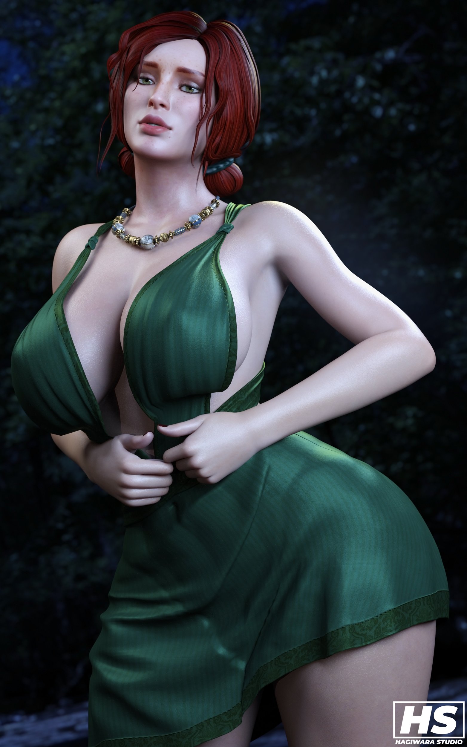 1girls, 3d, ass, big ass, big breasts, breasts, cleavage, dress, female, female only, hagiwara studio, red hair, solo, solo female, the witcher (series), the witcher 3: wild hunt, thick thighs, triss merigold