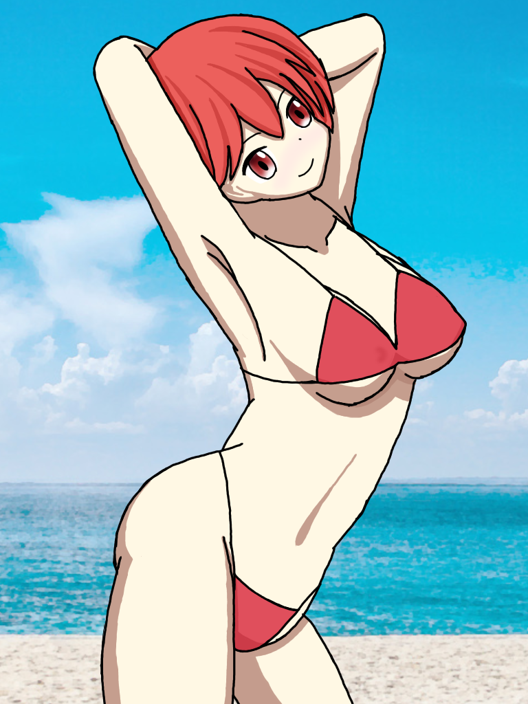 1girls alternate_costume arms_behind_head bare_thighs beach bikini breasts est_(fire_emblem) female female_only fire_emblem fire_emblem:_mystery_of_the_emblem fire_emblem:_shadow_dragon_and_the_blade_of_light kenchu medium_breasts nintendo ocean outdoors red_bikini red_eyes red_hair red_swimsuit short_hair smile solo swimsuit thighs underboob