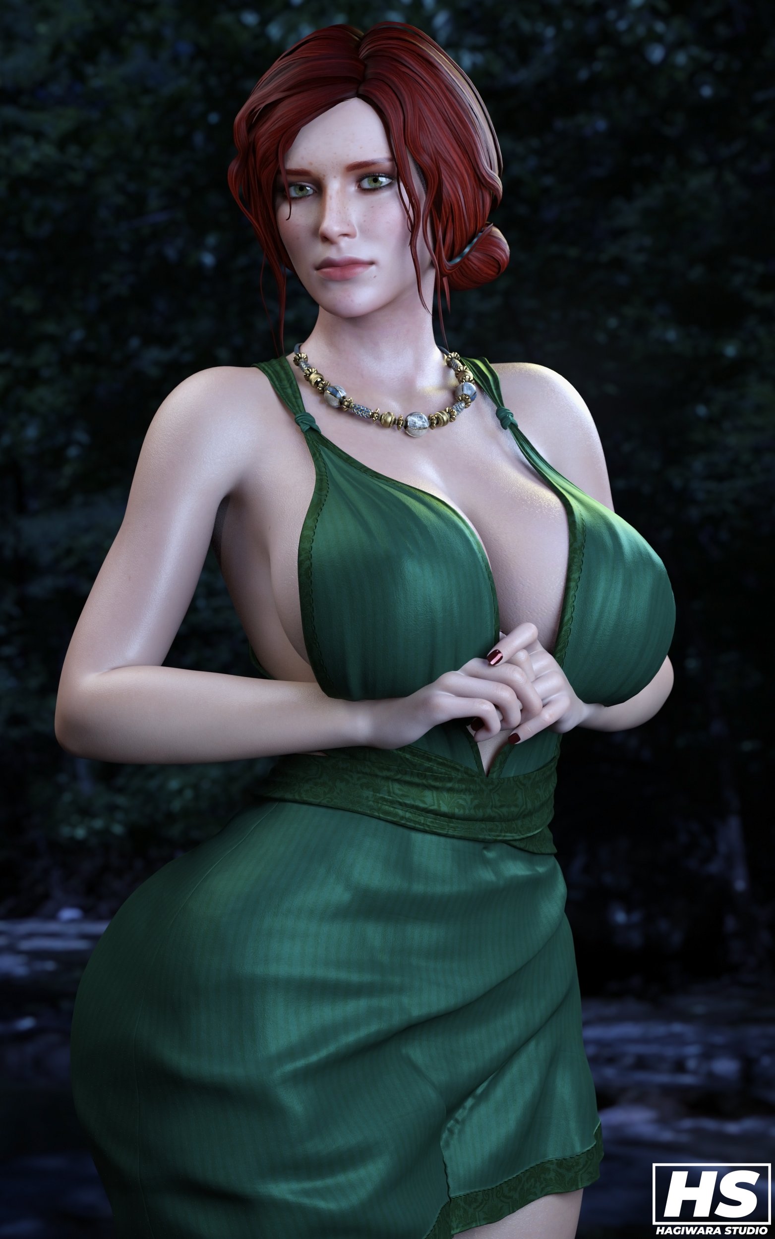 1girls, 3d, big breasts, breasts, cleavage, dress, female, female only, hagiwara studio, red hair, solo, solo female, the witcher (series), the witcher 3: wild hunt, triss merigold