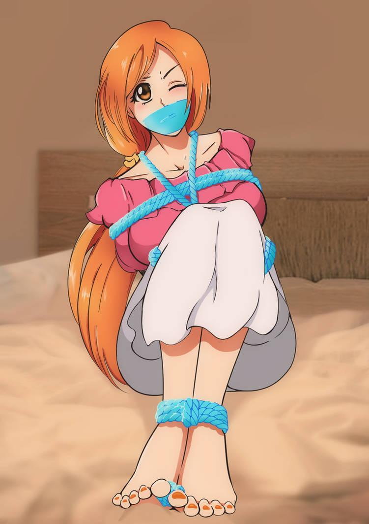 bleach bondage feet gag inoue_orihime milf orange_toenails reati1 rope_bondage tape_gag tied_toes toenail_polish wife