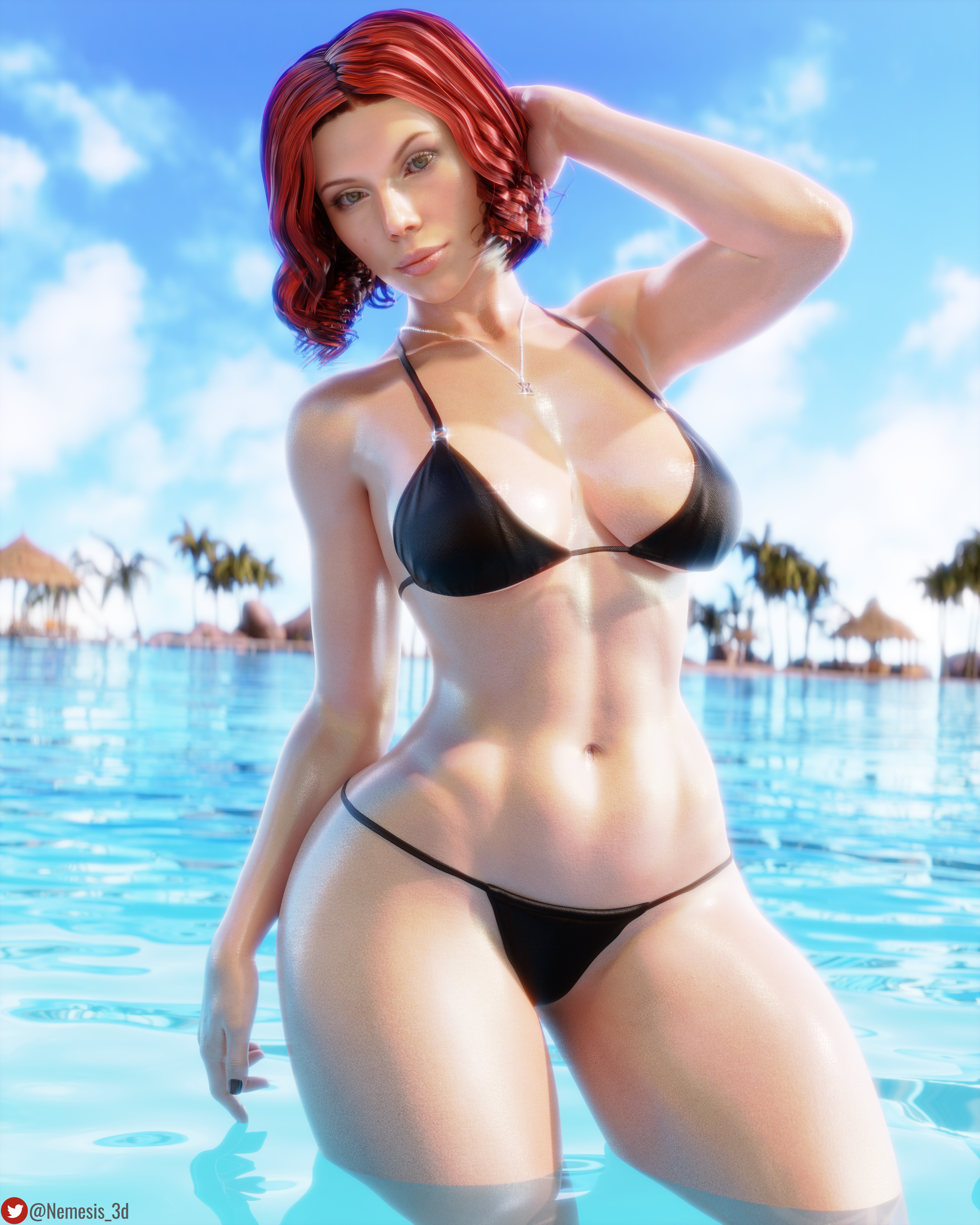 1girls, 3d, absurd res, big breasts, bikini, black widow (marvel), breasts, female, female only, fit, fit female, hi res, highres, marvel, marvel comics, natasha romanoff, necklace, nemesis 3d, red hair, scarlett johansson, shiny skin, solo, solo female, thick thighs, thighs
