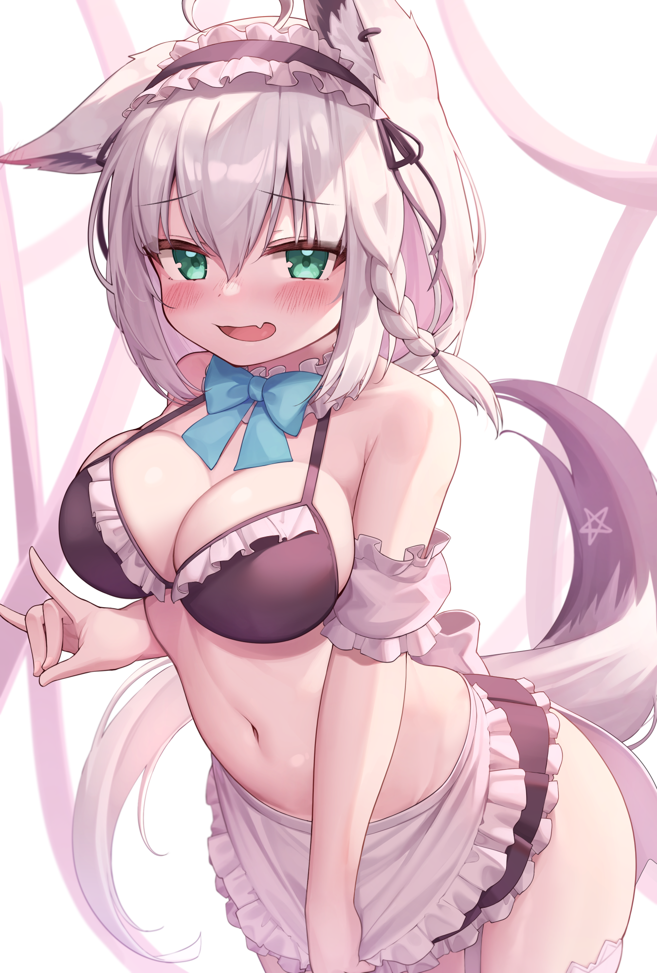 ahoge, animal ears, apron, bikini, black bikini, blue bow, blue bowtie, bow, bowtie, braid, breasts, commentary request, deaver, female, fox ears, fox girl, fox tail, green eyes, hair between eyes, hairband, highres, hololive, hololive gamers, hololive gen 1, hololive japan, large breasts, long hair, looking at viewer, maid bikini, navel, open mouth, shirakami fubuki, silver hair, single braid, solo, swimsuit, tail, virtual youtuber, white apron