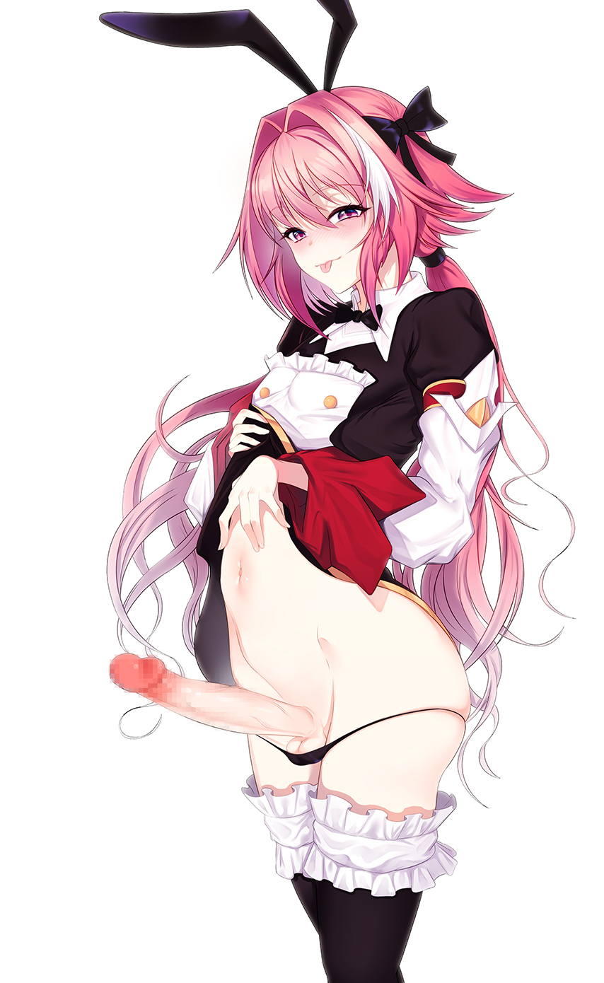 1boy 2022 :p aka_syakkou animal_ears astolfo_(fate) astolfo_(saber)_(fate) balls_in_panties big_penis black_panties blush bow bowtie bunny_ears censored clothing crossdressing detached_sleeves erection eyebrows_visible_through_hair fake_animal_ears fate/apocrypha fate/grand_order fate_(series) femboy frilled_legwear frills glans hair_between_eyes hair_ribbon highlights highres hung_trap long_hair long_penis long_ponytail looking_at_viewer low_ponytail male male_only navel panties penis pink_eyes pink_hair ribbon skindentation small_balls smile solo standing string_panties testicles thighhighs thighs tied_hair tongue tongue_out trap underwear white_highlights wide_hips