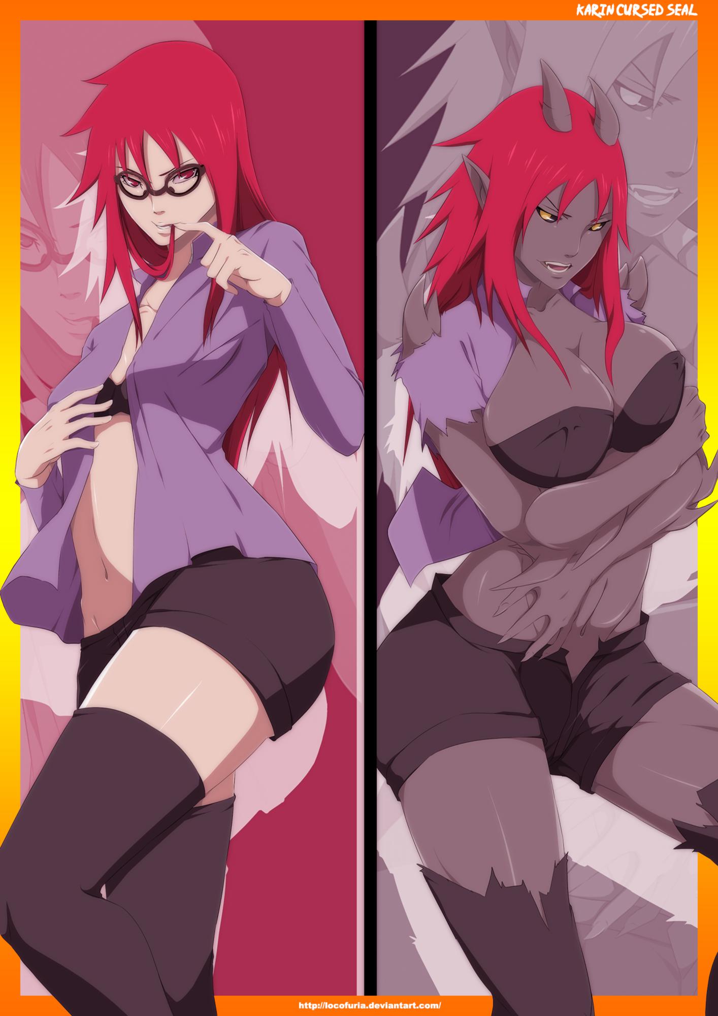 1girls breasts cleavage clothing corruption cursed_seal dark_skin deviantart_username female female_only high_resolution horns large_breasts locofuria megane naruto naruto_(series) naruto_shippuden open_clothes open_mouth pointed_ears pose red_hair second_stage_curse_mark shorts smile solo solo_female spikes stockings torn_clothes transformation uzumaki_karin web_address yellow_eyes