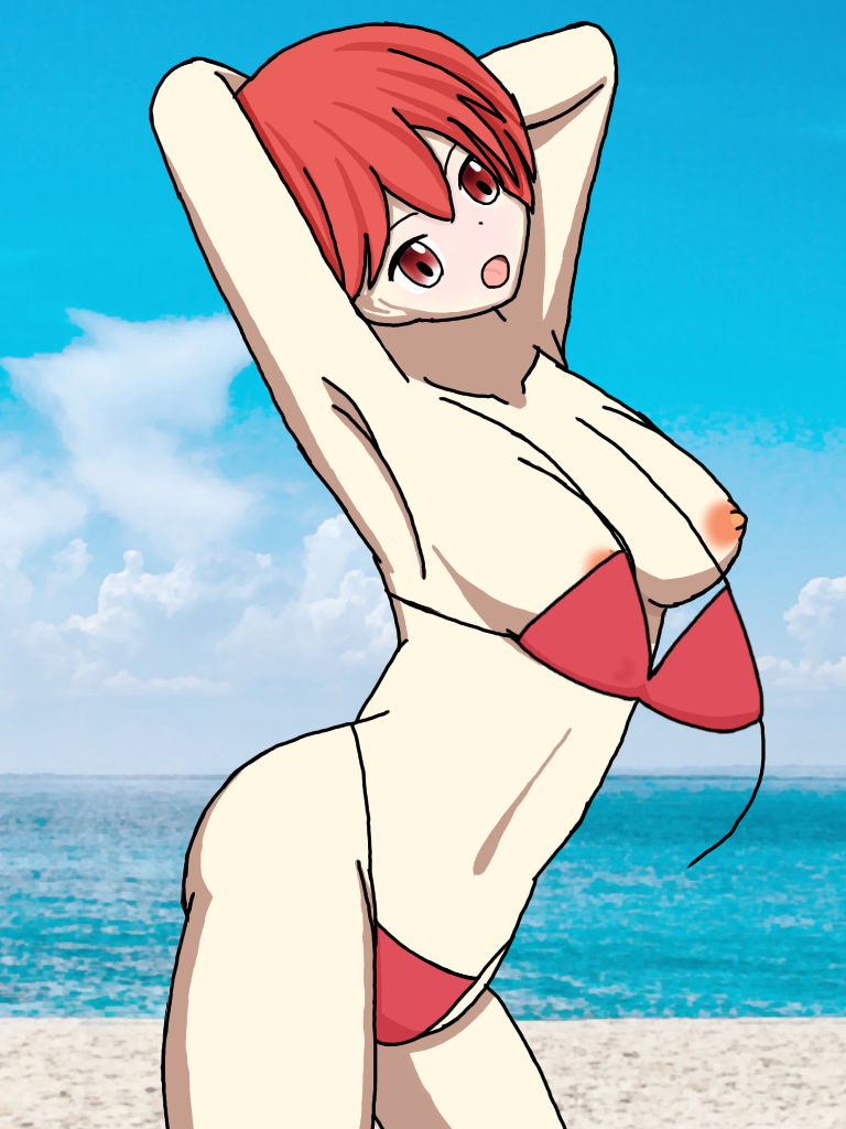 1girls accidental_exposure alternate_costume arms_behind_head bare_thighs beach bikini breasts breasts_out est_(fire_emblem) female female_only fire_emblem fire_emblem:_mystery_of_the_emblem fire_emblem:_shadow_dragon_and_the_blade_of_light kenchu medium_breasts nintendo nipples ocean open_mouth outdoors red_bikini red_eyes red_hair red_swimsuit short_hair solo swimsuit thighs wardrobe_malfunction