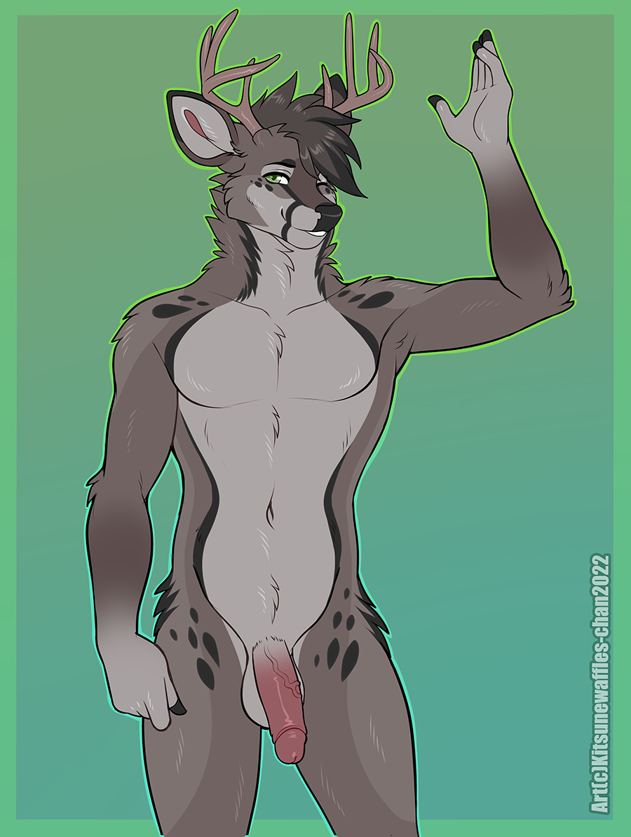 1boy 2022 5_fingers anthro antlers artist_name balls biped border cervid dated digital_media_(artwork) fingers genitals gesture glans gradient_background green_background green_border green_eyes half-erect horn humanoid_genitalia humanoid_penis kitsunewaffles-chan male male_only mammal navel neck_tuft nude one_eye_closed penis pink_penis portrait simple_background solo standing three-quarter_portrait tuft vein veiny_penis waving