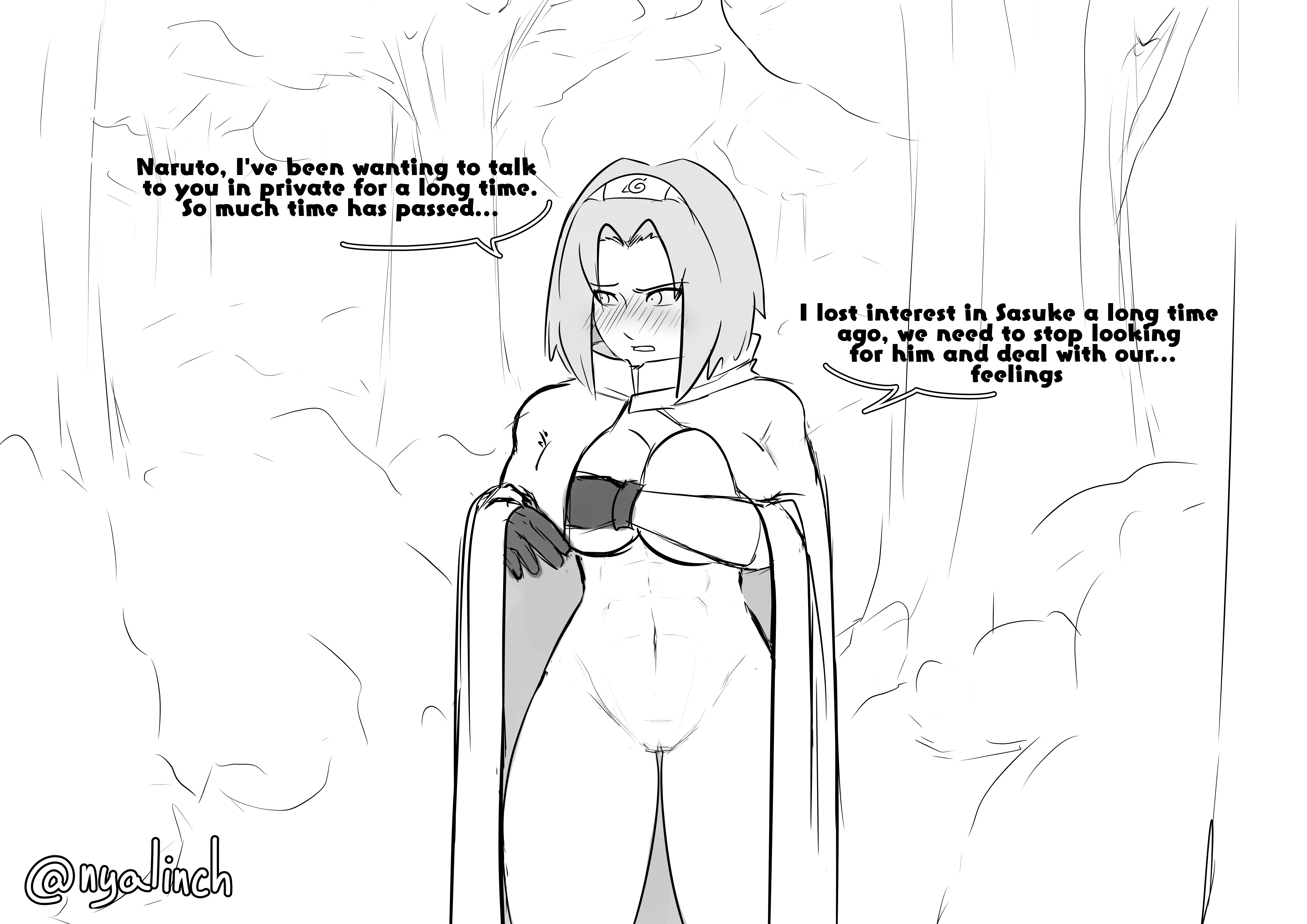 1girls, almost naked, barely clothed, breasts, cape, covering, covering breasts, covering self, embarrassed, english text, female, female focus, female only, forest, functionally nude, functionally nude female, gloves, head out of frame, inviting, inviting to sex, long hair, male, meowlinch, monochrome, naruto, naruto (series), naruto shippuden, nature, no bra, no panties, offering, offering to another, offscreen character, offscreen male, out of frame, outdoors, partially clothed, presenting, presenting self, sakura haruno, seducing, shy, solo, solo female, solo focus, speech bubble, talking, talking to another, talking to partner, text, text bubble, unseen character, unseen male face, uzumaki naruto, voluptuous