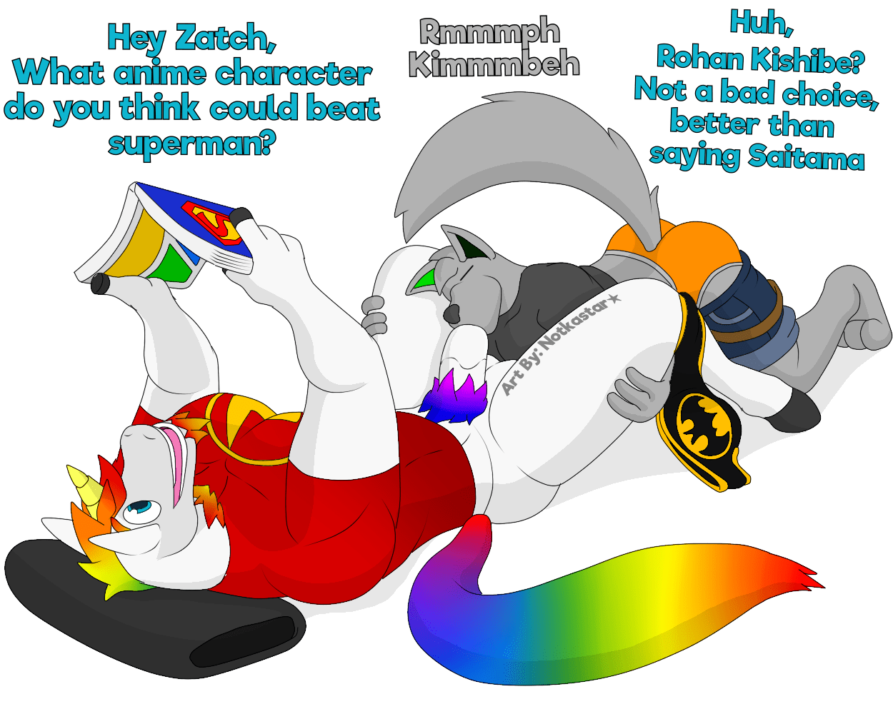 5:4 alpha_channel anthro ass bottomless briefs canid canine canis casual_sex clothed clothing comic_book dave_(notkastar) dc_comics dialogue duo english_text equid equine fellatio horn logo lying male male/male mammal muscular notkastar on_back oral partially_clothed pecs penile rainbow sex text underwear underwear_down unicorn wolf zatch_(notkastar)