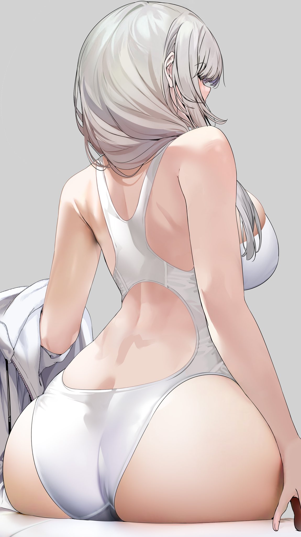 1girls 2022 ass ass_focus backboob breasts competition_swimsuit facing_away female female_only grey_hair hi_res hips huge_ass huge_breasts long_hair marushin_(denwa0214) mature_female milf mother one-piece_swimsuit side_ponytail slim_waist swimsuit thick_thighs thighs uzaki-chan_wa_asobitai! uzaki_tsuki white_swimsuit wide_hips