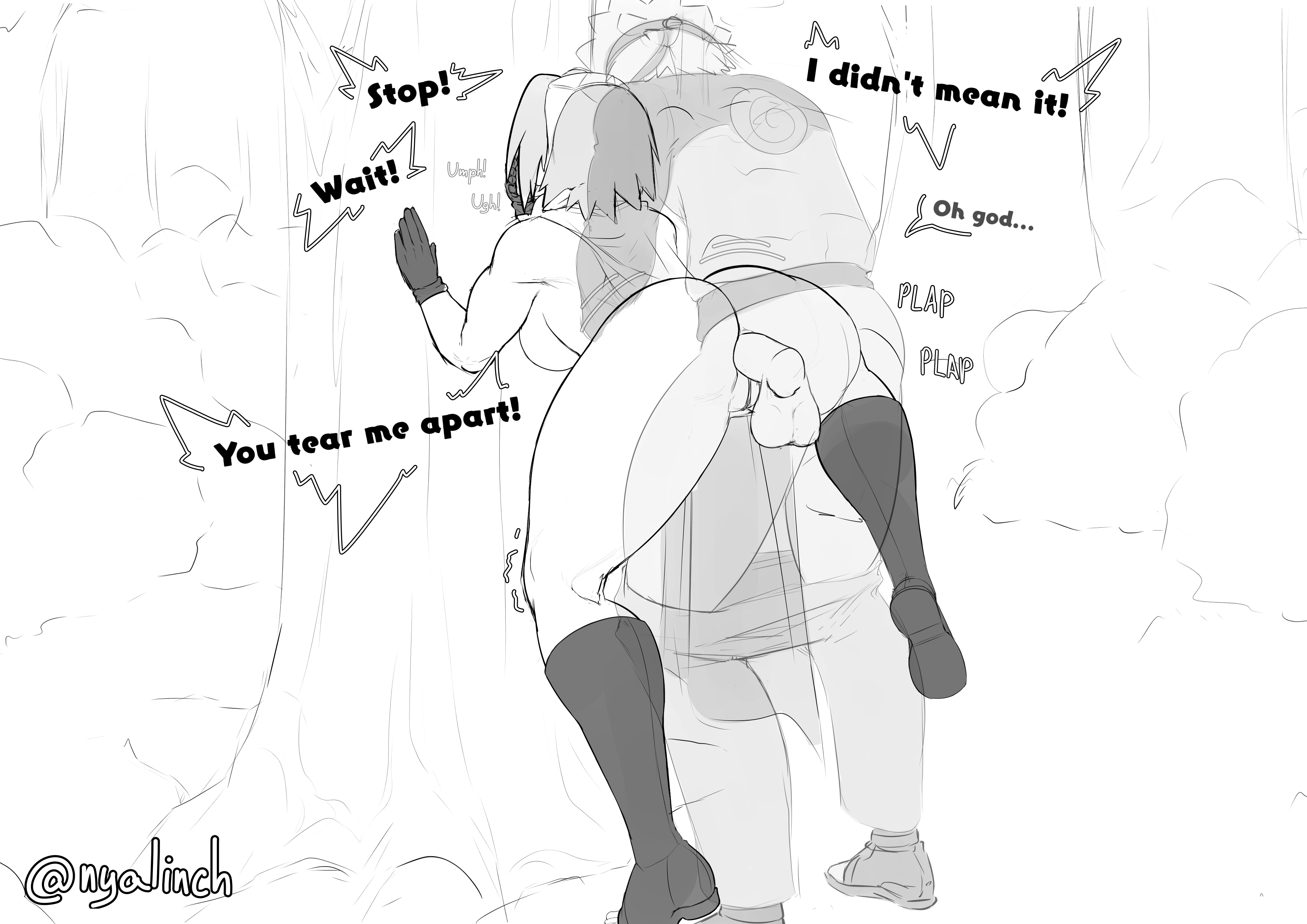 1boy, 1girls, almost naked, anal, anal penetration, anal sex, barely clothed, boots, cape, clothed sex, covering, covering mouth, disembodied penis, english text, female, female focus, forest, functionally nude, functionally nude female, gloves, jacket, long hair, male, male penetrating, male penetrating female, male/female, meowlinch, monochrome, naruto, naruto (series), naruto shippuden, nature, outdoors, pants, pants down, partially clothed, penetration, penis, sakura haruno, speech bubble, standing, standing sex, taken from behind, talking, talking to another, talking to partner, text, text bubble, thrusting, thrusting into ass, transparent body, uzumaki naruto, voluptuous