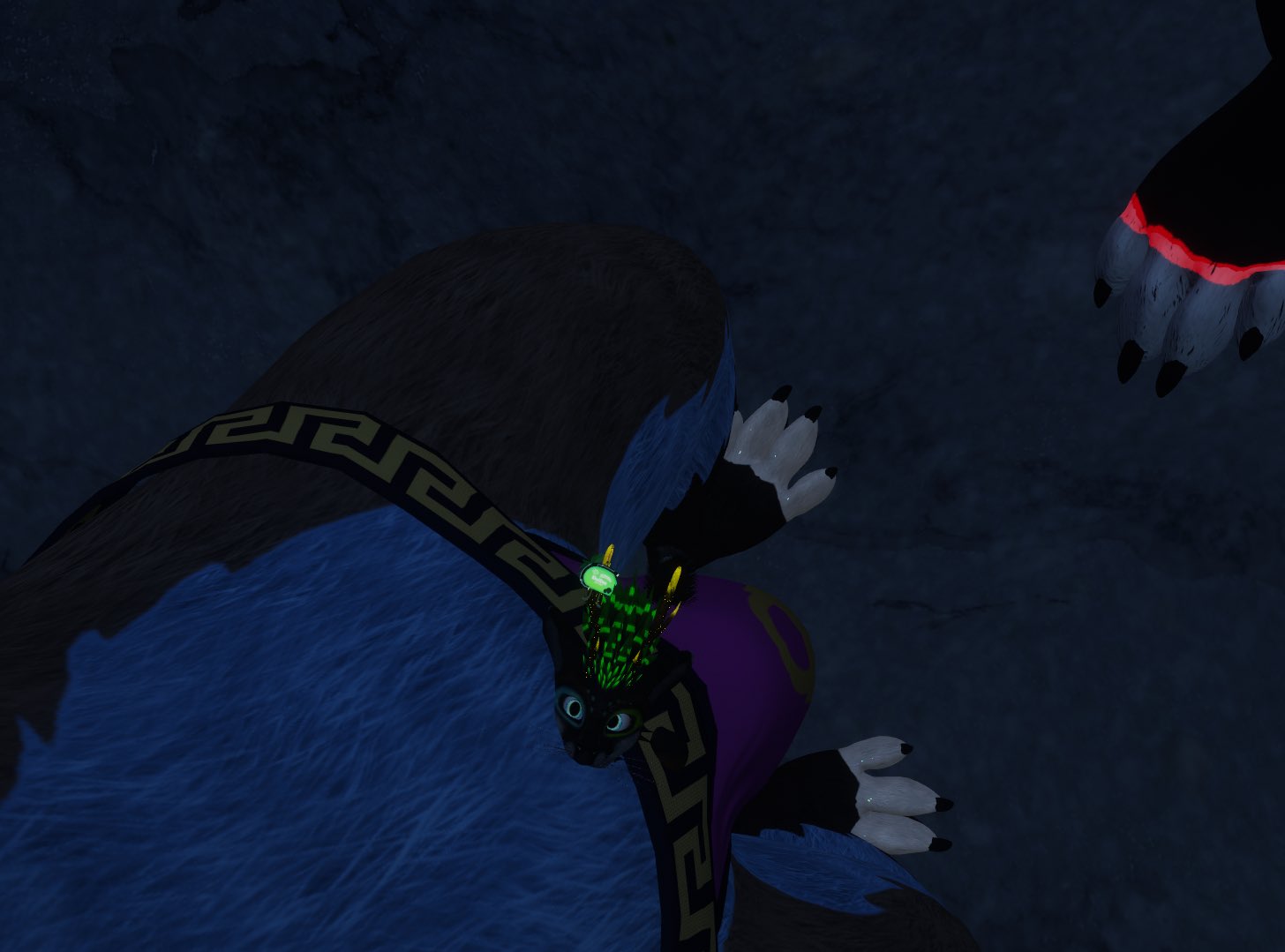 3d anthro anthro_only arrin black_fur blue_fur canid canine clothing feathers fur furry furry_only green_feathers hi_res high_resolution highres jockstrap kiwidox kiwidox_(artist) male male_only paws rexouium screenshot size size_difference size_play vr_media vrchat vrchat_avatar