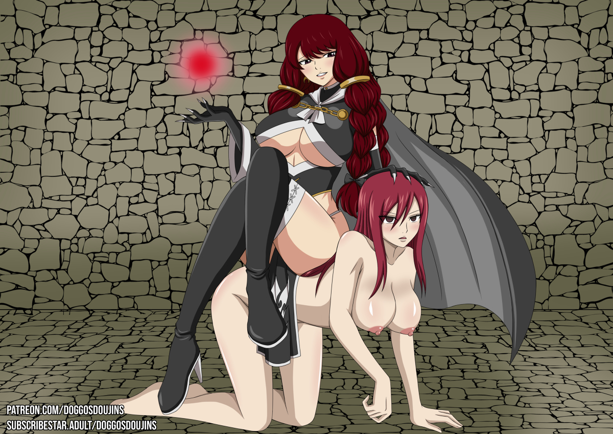 2girls, artist request, big breasts, breasts, doggosdoujins, erza scarlet, fairy tail, female, female only, femdom, irene belserion, leather, long hair, mother and daughter, multiple females, multiple girls, red hair, red-haired female, smilingdog, source request, yuri