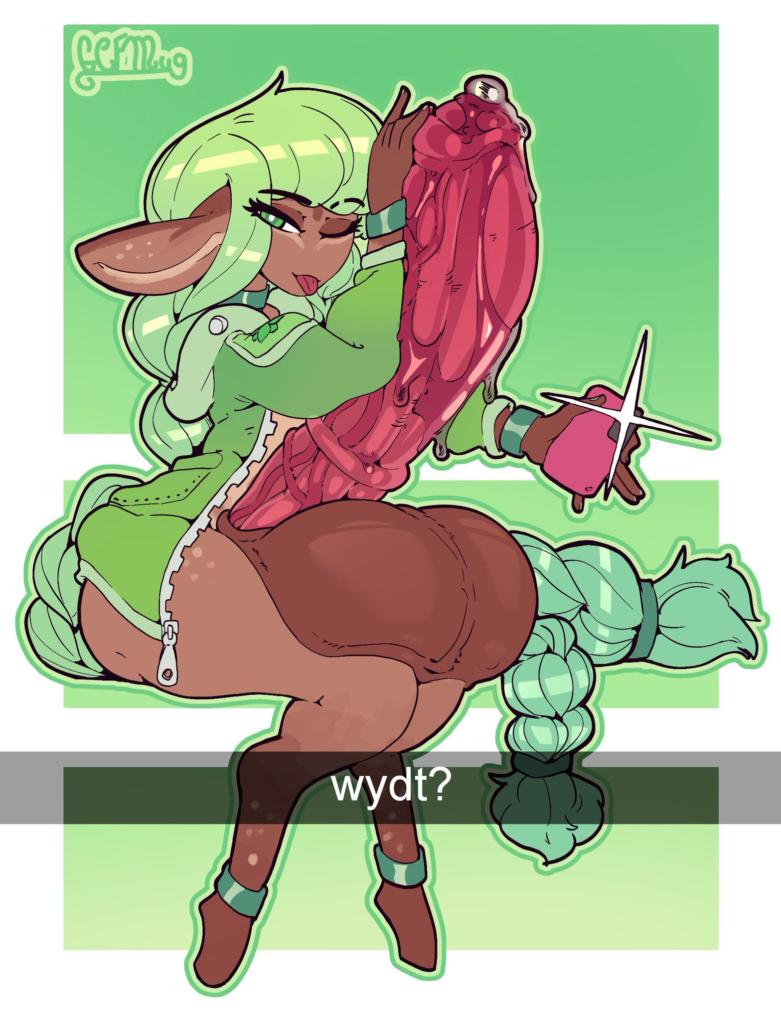 :p, 1futa, 2022, animal genitalia, ass, balls, big ass, bottomless, braid, choker, clothed, clothing, dark skin, dark-skinned futa, deer, erection, futa only, futanari, gcfmug, gigantic penis, green eyes, green hair, hooves, huge balls, huge cock, huge penis, huge testicles, intersex, long hair, mostly nude, one eye closed, paprika (gcfmug), partially clothed, penis, phone, precum, red penis, selfie, sitting, solo, testicles, thick thighs, tongue, tongue out, veiny penis, wide hips, winking at partner