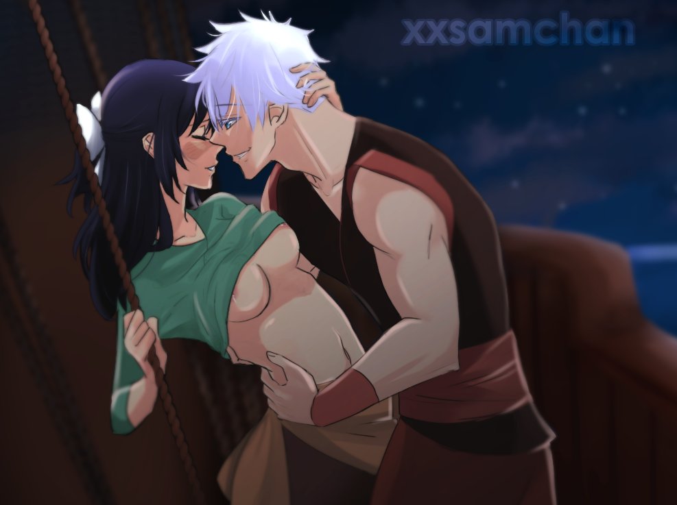 1boy, 1girls, alternate costume, artist name, black hair, breasts, female, human, imminent sex, jujutsu kaisen, long hair, male, nighttime, passionate, pirate ship, pleasure face, satoru gojo, scar on face, short hair, stars, straight, utahime iori, white hair, xxsamchan