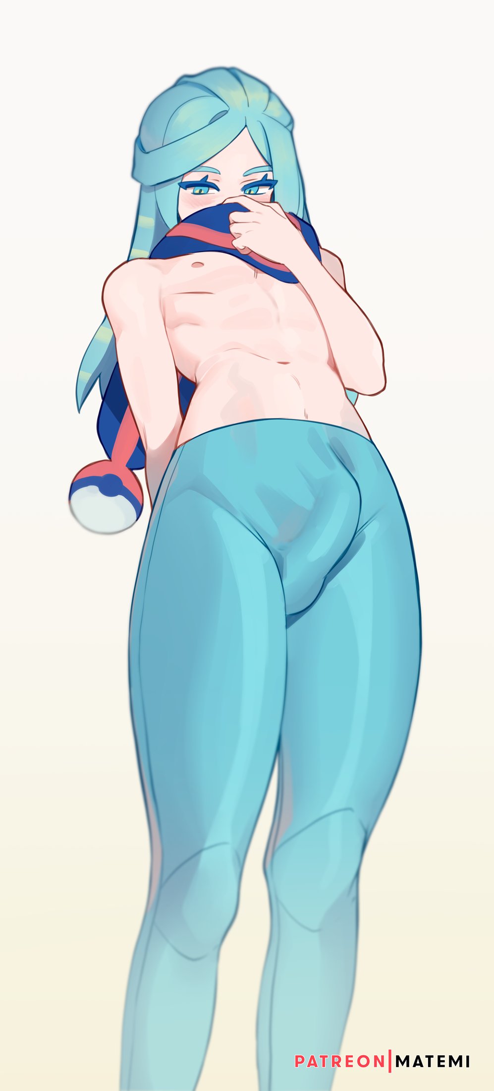 1boy, ass, big ass, blue eyes, blue hair, bulge, eye contact, femboy, game freak, girly, grusha (pokemon), long hair, looking at viewer, looking down, male, male only, matemi, nintendo, pokemon, pokemon (game), pokemon sv, solo