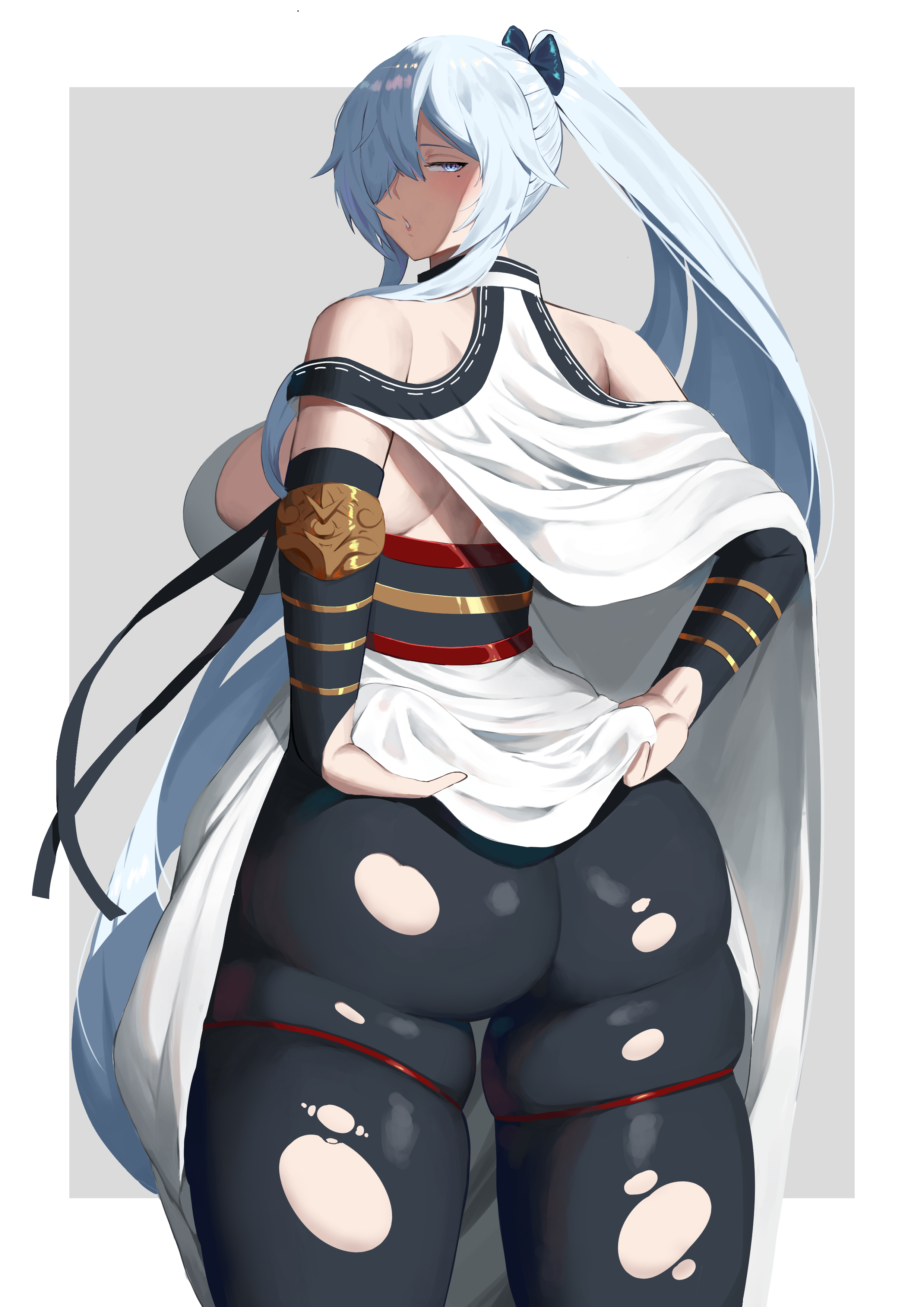 ass, back, back view, backboob, beauty mark, big ass, big breasts, big butt, blue eyes, blue hair, breasts, ethan69 (artist), fat ass, fat thighs, female, huge ass, large ass, large breasts, legs, light blue eyes, light blue hair, mole, mole under eye, original character, pale eyes, shoulders, side view, sideboob, silver hair, thick, thick ass, thick thighs, thighs, tight clothing, tight pants, torn clothes, torn clothing, torn pants, wardrobe malfunction