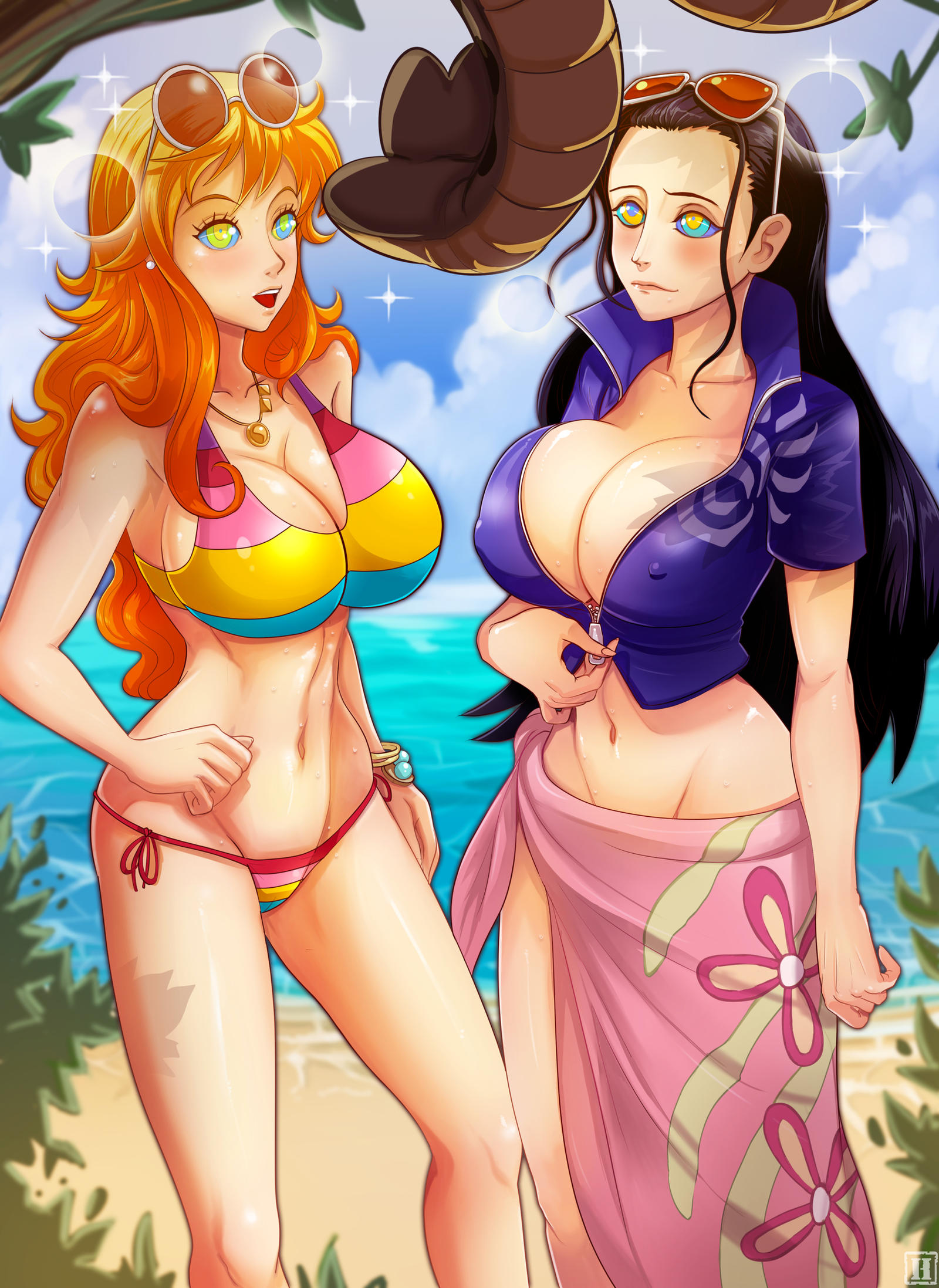 2girls, big breasts, black hair, black-haired female, breasts, brown hair, erect nipples under clothes, female, female only, hypnoroxa, hypnosis, kaa, kaa eyes, light skin, light-skinned female, mind control, nami (one piece), nico robin, no bra, no panties, one piece, orange hair, orange-haired female, post-timeskip, snake, tagme, the jungle book