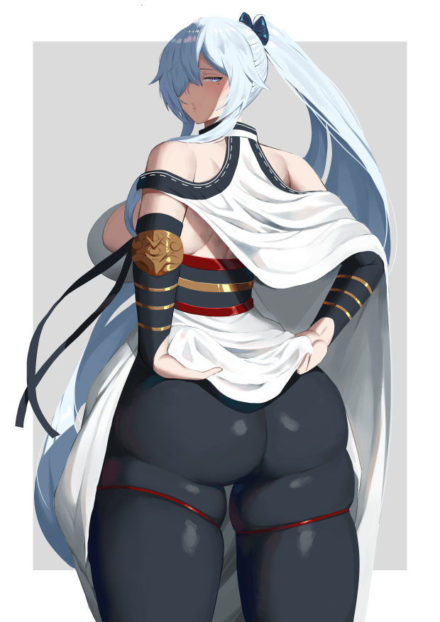 ass, back, back view, backboob, beauty mark, big ass, big breasts, big butt, blue hair, breasts, ethan69 (artist), fat ass, fat thighs, female, huge ass, large ass, large breasts, legs, light blue hair, mole, mole under eye, original character, shoulders, side view, sideboob, silver hair, thick, thick ass, thick thighs, thighs, tight clothing, tight pants
