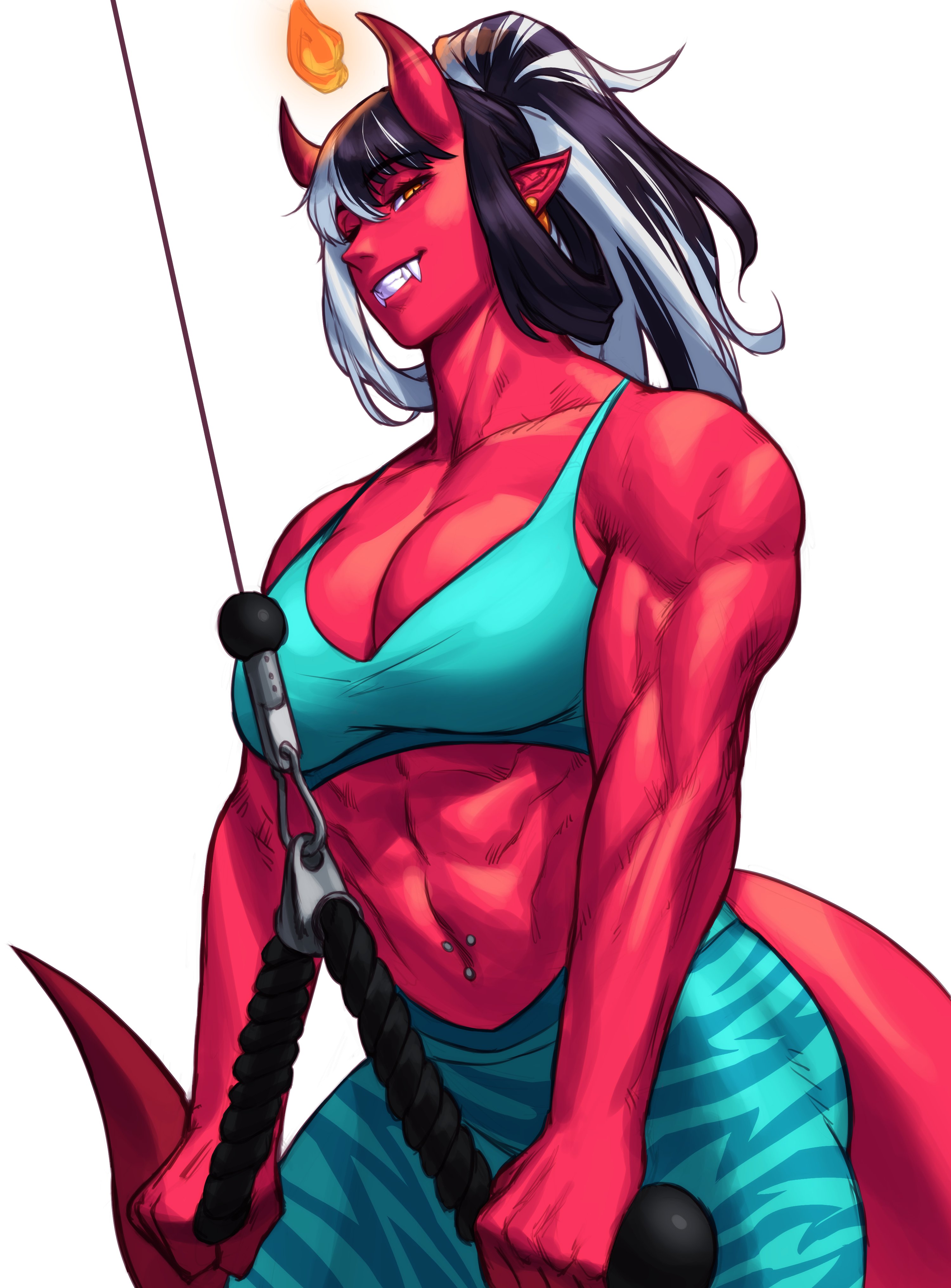 1girls, absurd res, big breasts, black hair, breasts, commission, fangs, female, female only, horns, long hair, looking at viewer, muscular, muscular female, narrowed eyes, navel piercing, oni, oni horns, orange eyes, pointy ears, ponytail, red skin, red-skinned female, slit pupils, smiling, smiling at viewer, solo, sotcho, tail, teeth showing, two-tone hair, white background, white hair, workout, workout clothes