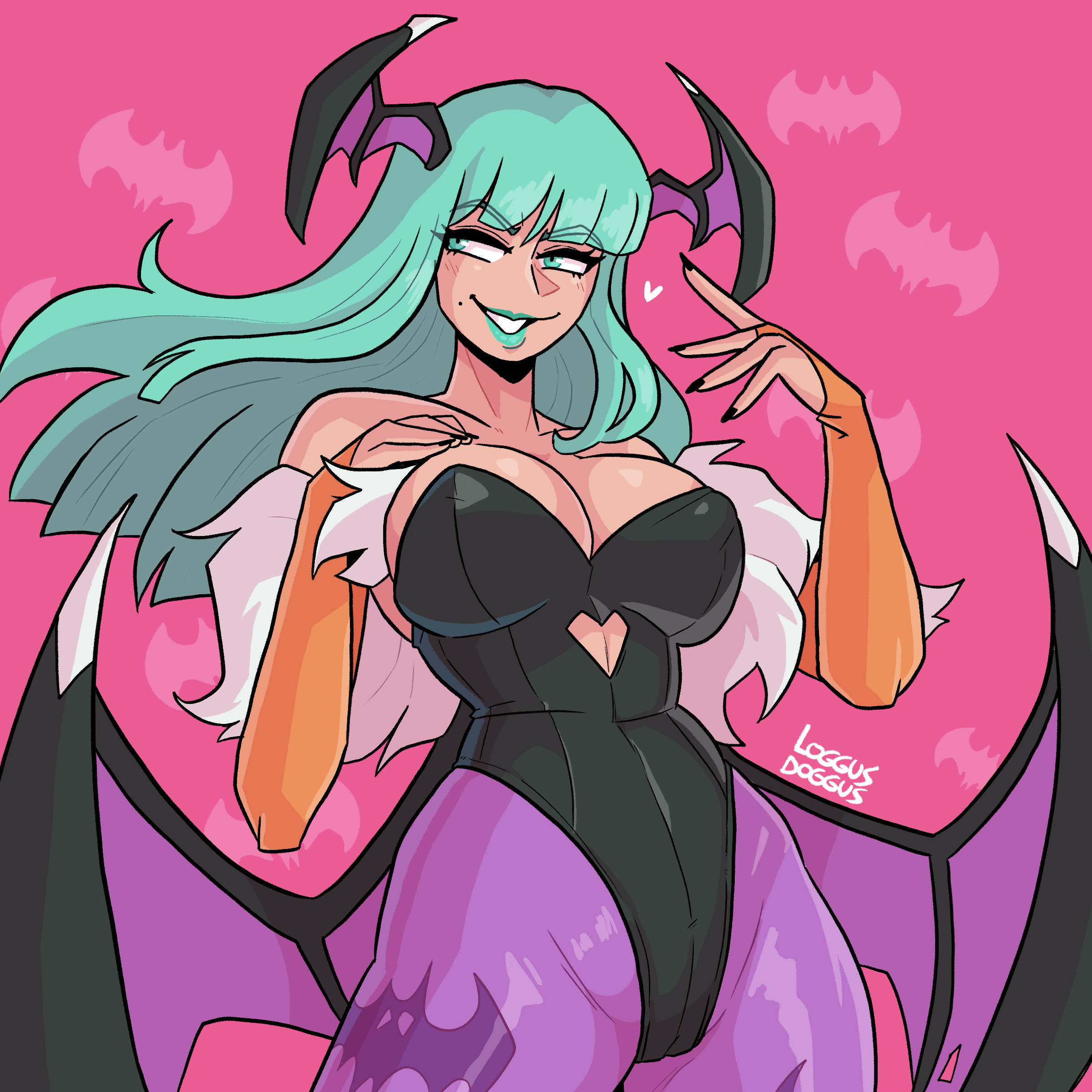 bat wings, beauty mark, breasts, clothing, corset, darkstalkers, demon, female, fur, green hair, hair ornament, head wings, heart, leotard, loggus doggus, medium breasts, morrigan aensland, opera gloves, seductive, seductive look, seductive smile, shiny clothes, shiny hair, shiny skin, shiny thighs, simple background, succubus, tight clothing, tight fit, tights, vampire, wings
