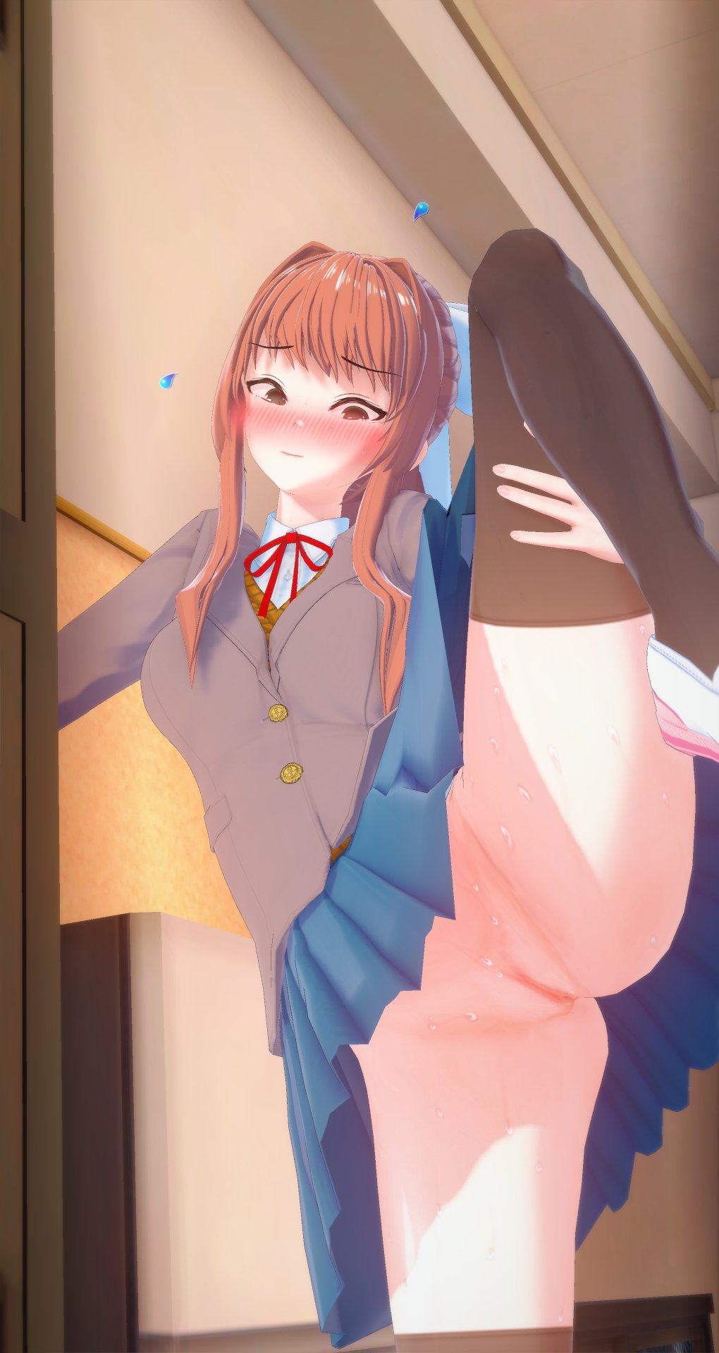 1girls, black thighhighs, blue skirt, blush, brown hair, doki doki literature club, embarrassed, embarrassed female, female, flustered, leg lift, leg up, lifting leg, mashirosolera, monika (doki doki literature club), no panties, pantyless, school uniform, shoes, skirt, solo, solo focus, standing on one leg, thighhighs, uniform