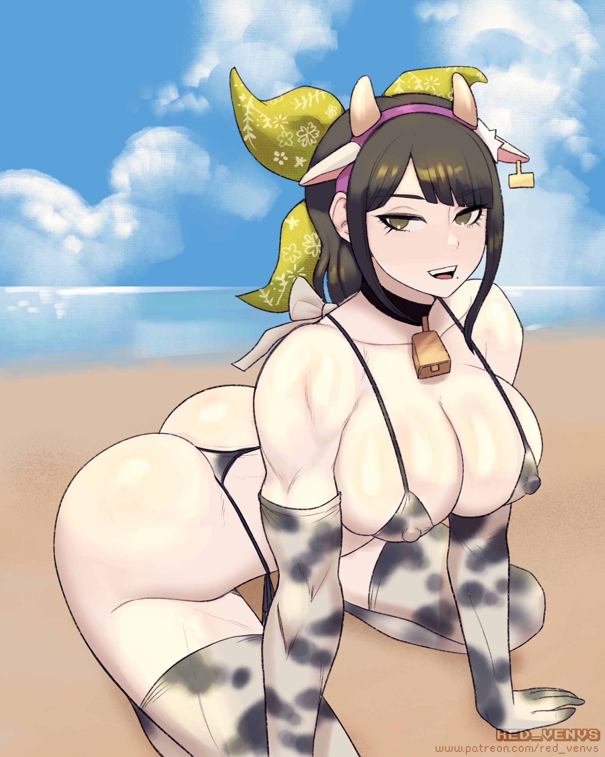 alternate version available, ass, beach, bell, big breasts, bikini, black hair, breasts, chabashira tenko, cleavage, collar, cow bikini, cow ears, cow girl, cow horns, cow print, cow print bikini, cow print thighhighs, cowbell, danganronpa, danganronpa s: ultimate summer camp, danganronpa v3, female, female only, green eyes, large breasts, medium hair, mole, mole under mouth, muscular, muscular female, new danganronpa v3, nipple bulge, nipples, nipples visible through clothing, one-piece swimsuit, redvenus, revealing clothes, sand, sea, seaside, skimpy bikini, skimpy clothes, sky, straight hair, thick ass, thick thighs, thighhighs