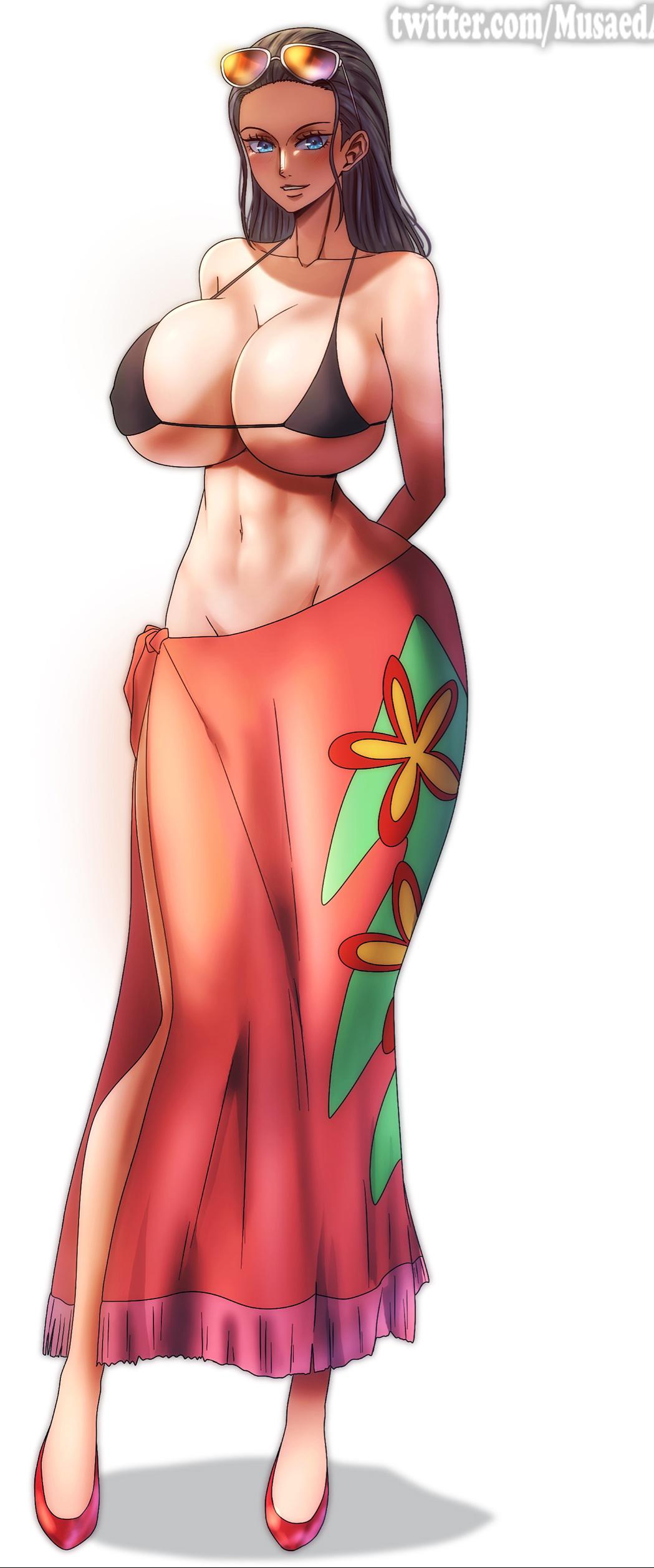 1girls, big breasts, black hair, black-haired female, breasts, female, female only, musaed art, nico robin, one piece, pirate, sarong, solo female, sunglasses