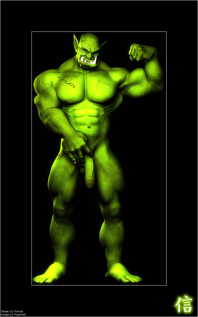 3d_(artwork) abs balls digital_media_(artwork) flaccid fuzzy-yak genitals green_body green_skin holding_penis humanoid humanoid_genitalia humanoid_penis looking_at_viewer male male_only muscular muscular_male nipples nude orc orc_male pecs penis pose scar solo trassk tusks