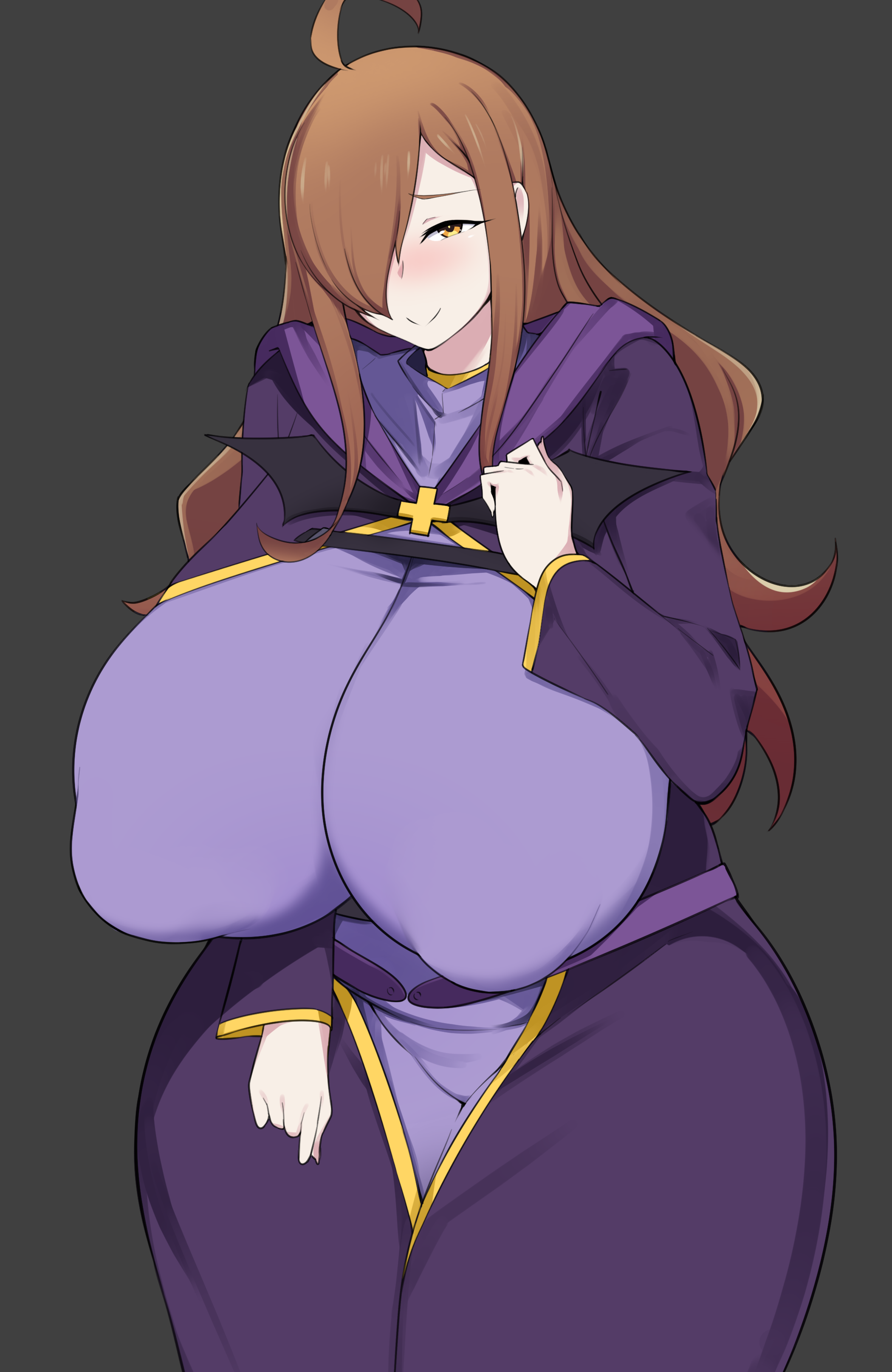 1girls, absurd res, big breasts, blush, breasts, brown eyes, brown hair, cham22, chamchami, curvy body, eyebrows, female, fully clothed, high resolution, huge breasts, kono subarashii sekai ni shukufuku wo!, looking at viewer, smile, visible breath, voluptuous, wide hips, wiz (konosuba)