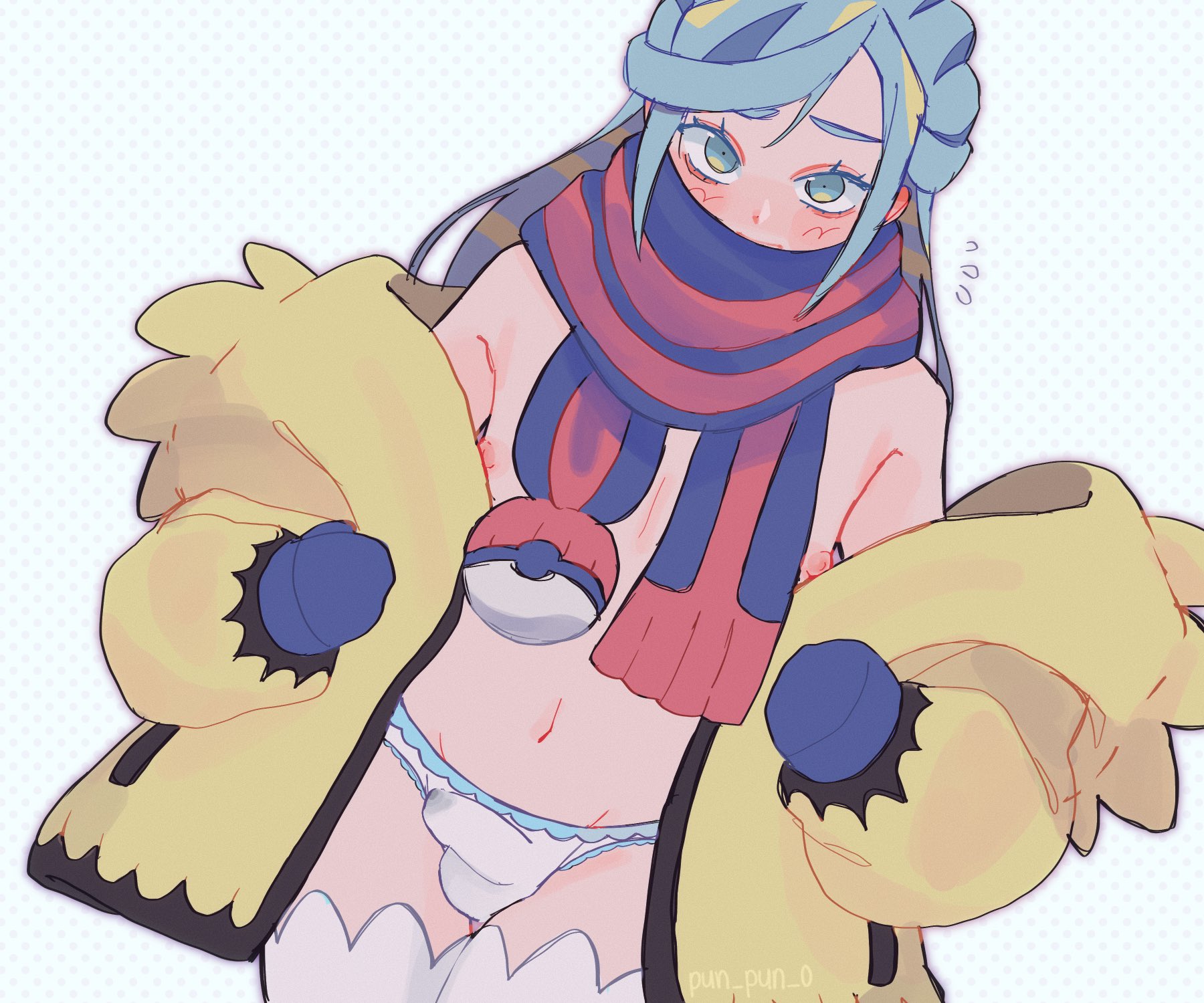 1boy, blue eyes, blue hair, blush, bulge, erection, erection under clothes, female, femboy, game freak, girly, grusha (pokemon), long hair, male, male only, male/female, nintendo, panties, pokemon, pokemon (game), pokemon sv, punpunii, scarf, solo, solo male, standing, thick thighs