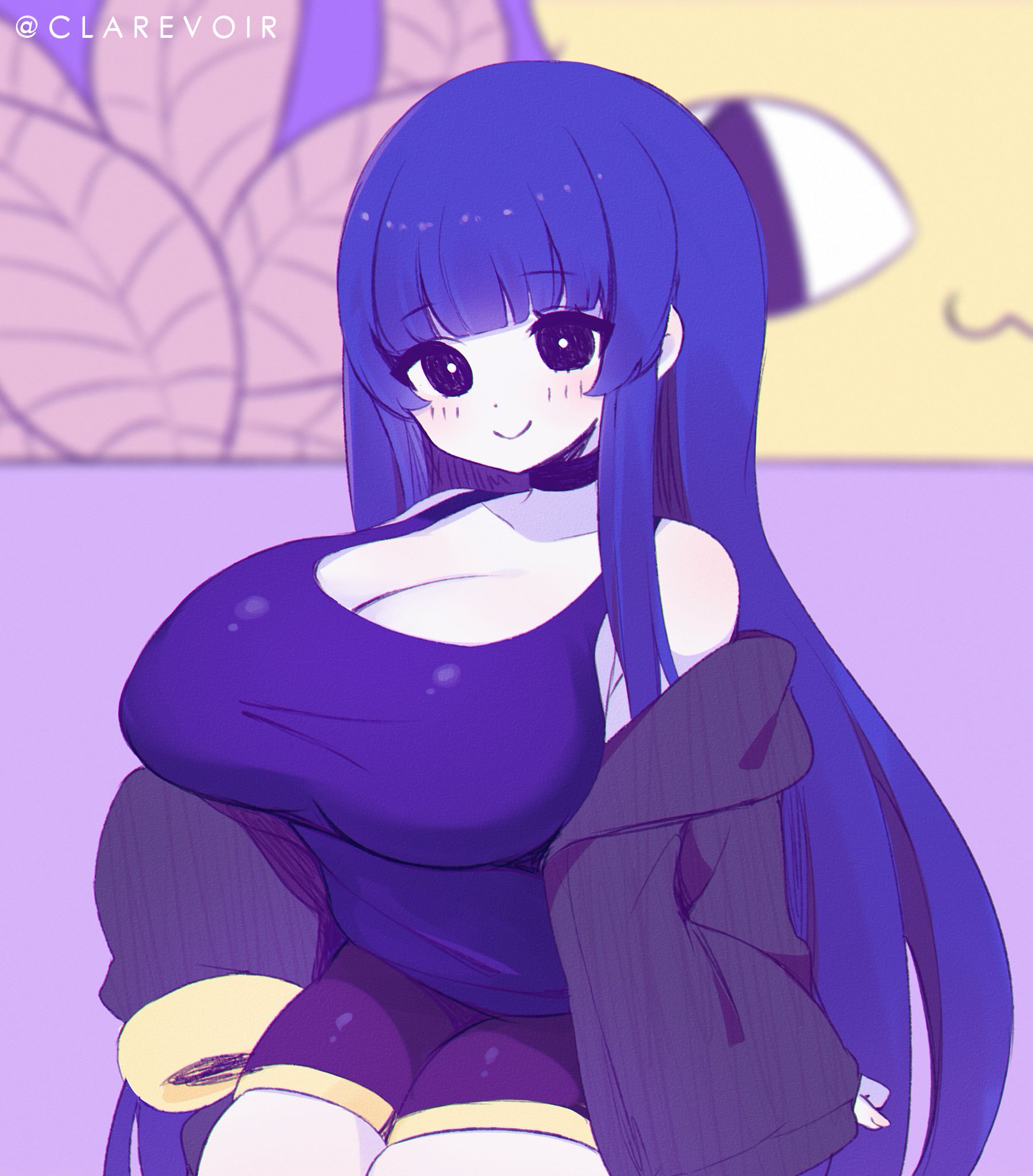1girls, artist name, big breasts, blush, breasts, choker, clarevoir, cleavage, closed mouth, female, huge breasts, long hair, looking at viewer, neckwear, off shoulder, omori, original, original character, purple eyes, purple hair, purple shirt, purple shorts, purple sweater, smile, solo, solo female, tank top