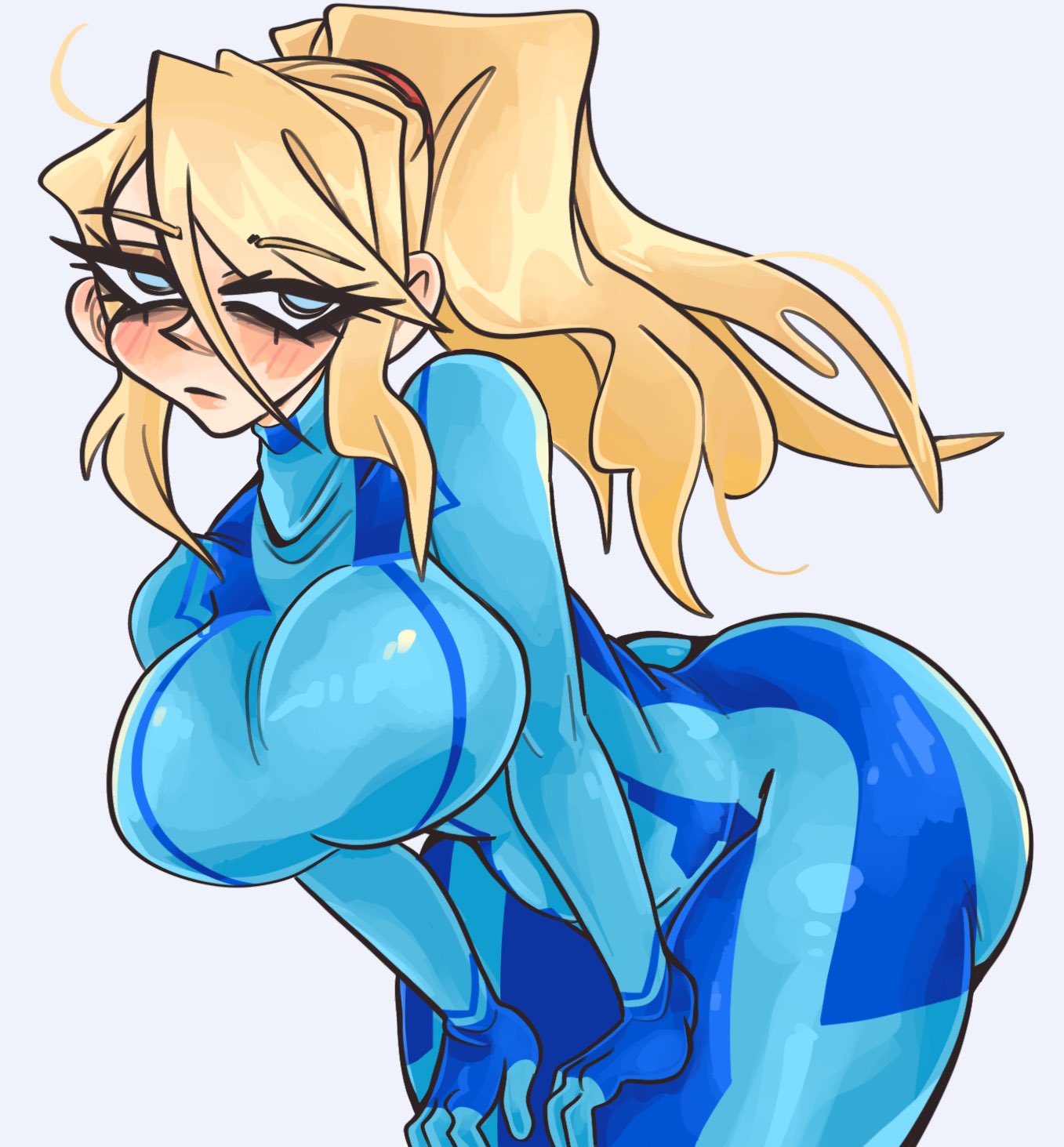 1girls, ass, big ass, blonde hair, blush, bodysuit, breasts, female, kecchi0, large breasts, long hair, looking at viewer, metroid, nintendo, samus aran, zero suit, zero suit samus